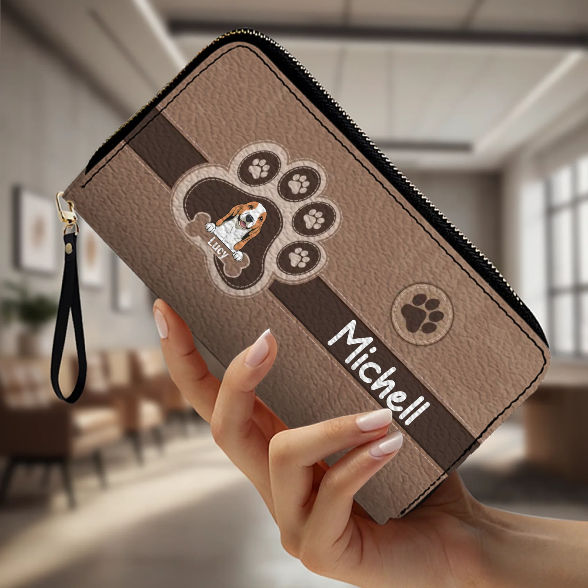 Custom Leather Long Wallet – Your Dog & Paw Print Design, Personalized Gift for Dog Lovers - 89Prints