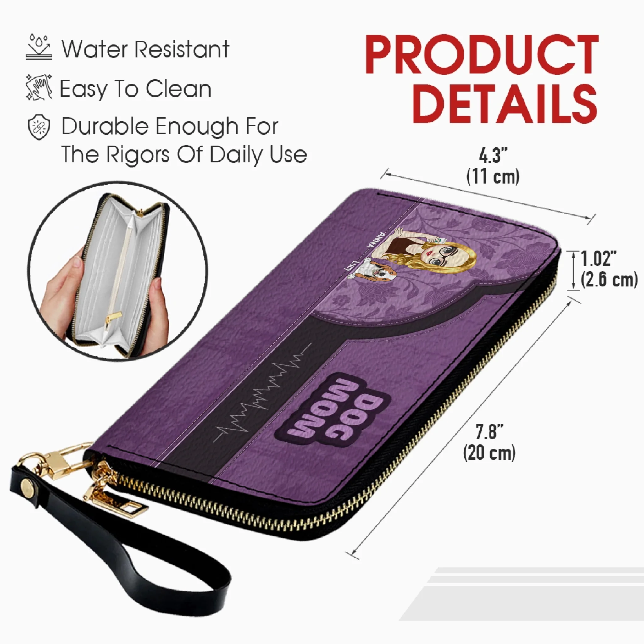 Dog Mom Zip-Around Wallet – Cartoon Pet Artwork with “DOG MOM” Print - 89Prints