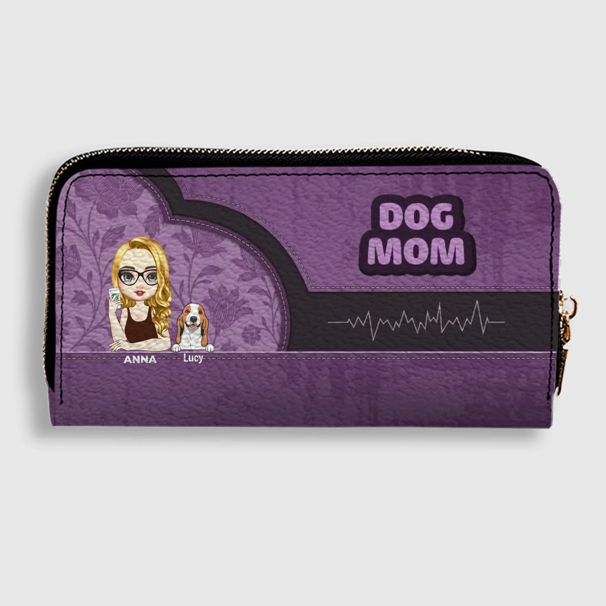 Dog Mom Zip-Around Wallet – Cartoon Pet Artwork with “DOG MOM” Print - 89Prints