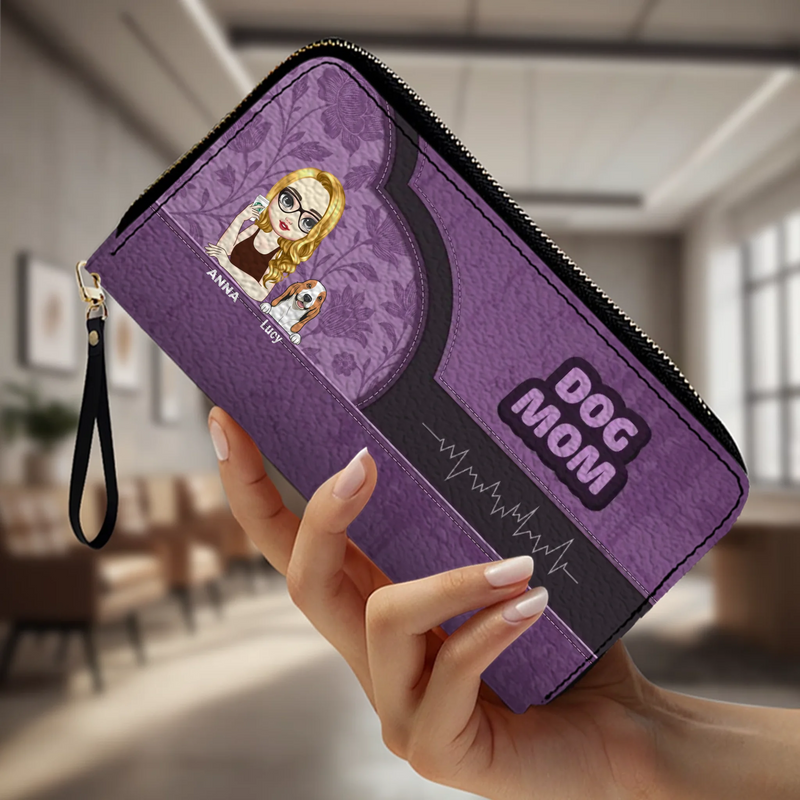 Dog Mom Zip-Around Wallet – Cartoon Pet Artwork with “DOG MOM” Print - 89Prints