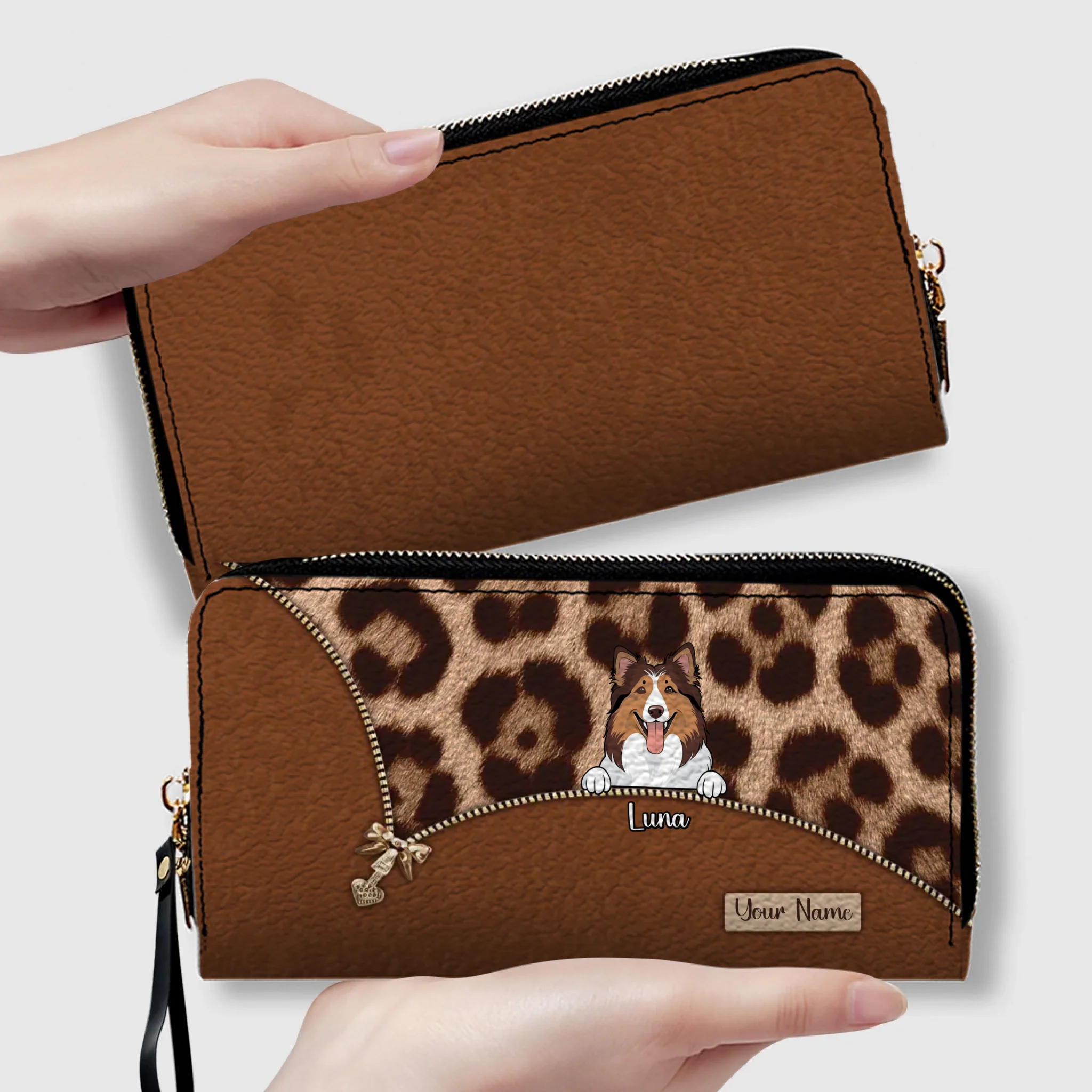 Custom Dog Print Leopard Print Personalized Wallet – Personalize 1–3 Cute and Smart Dogs | Long Leather Wallet Gift for Dog Lovers | 89Prints