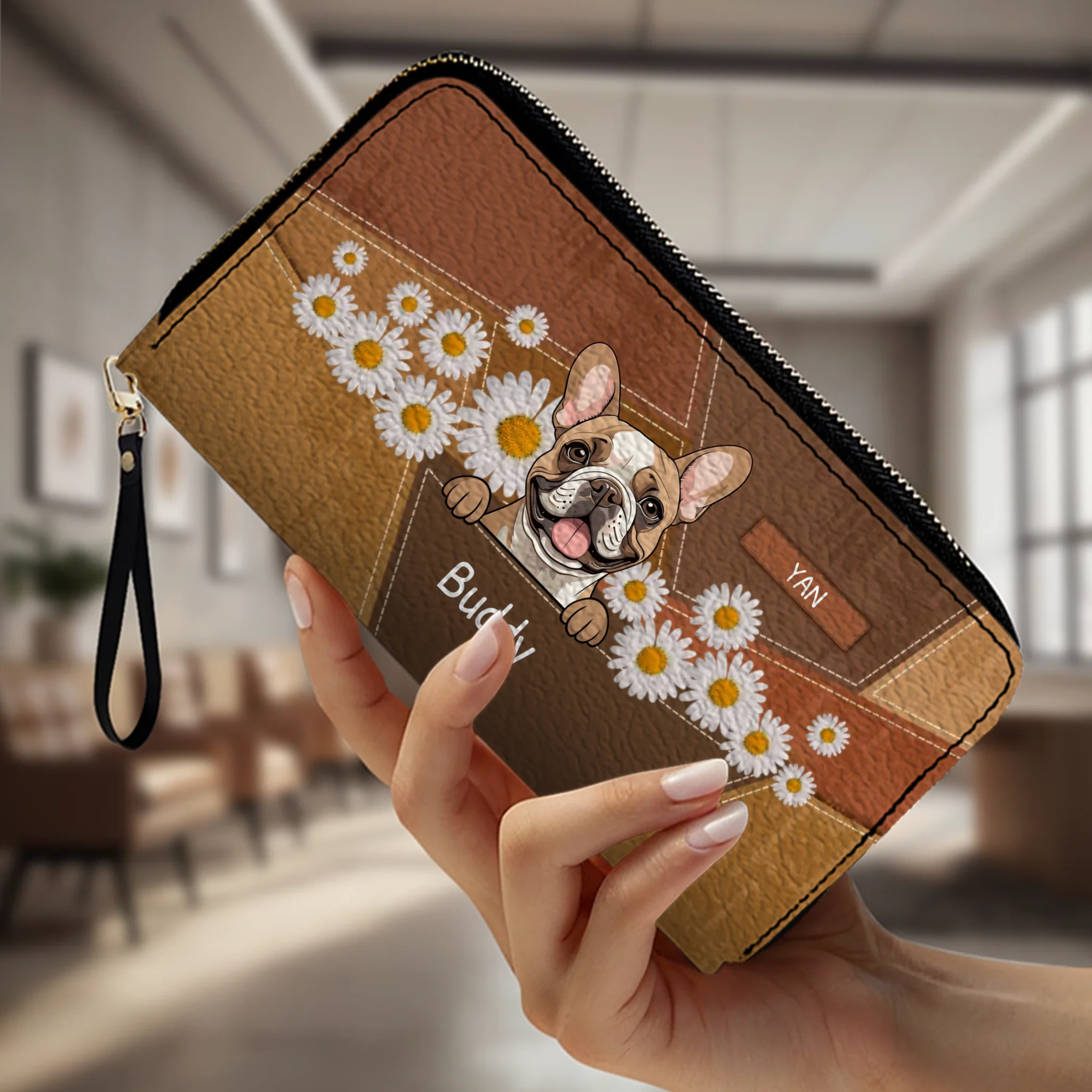 Personalized Geometric Leather Wallet with Dog Art and Daisy Accents - 89Prints