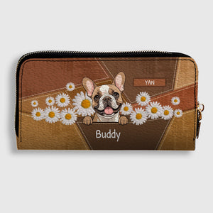 Personalized Geometric Leather Wallet with Dog Art and Daisy Accents - 89Prints