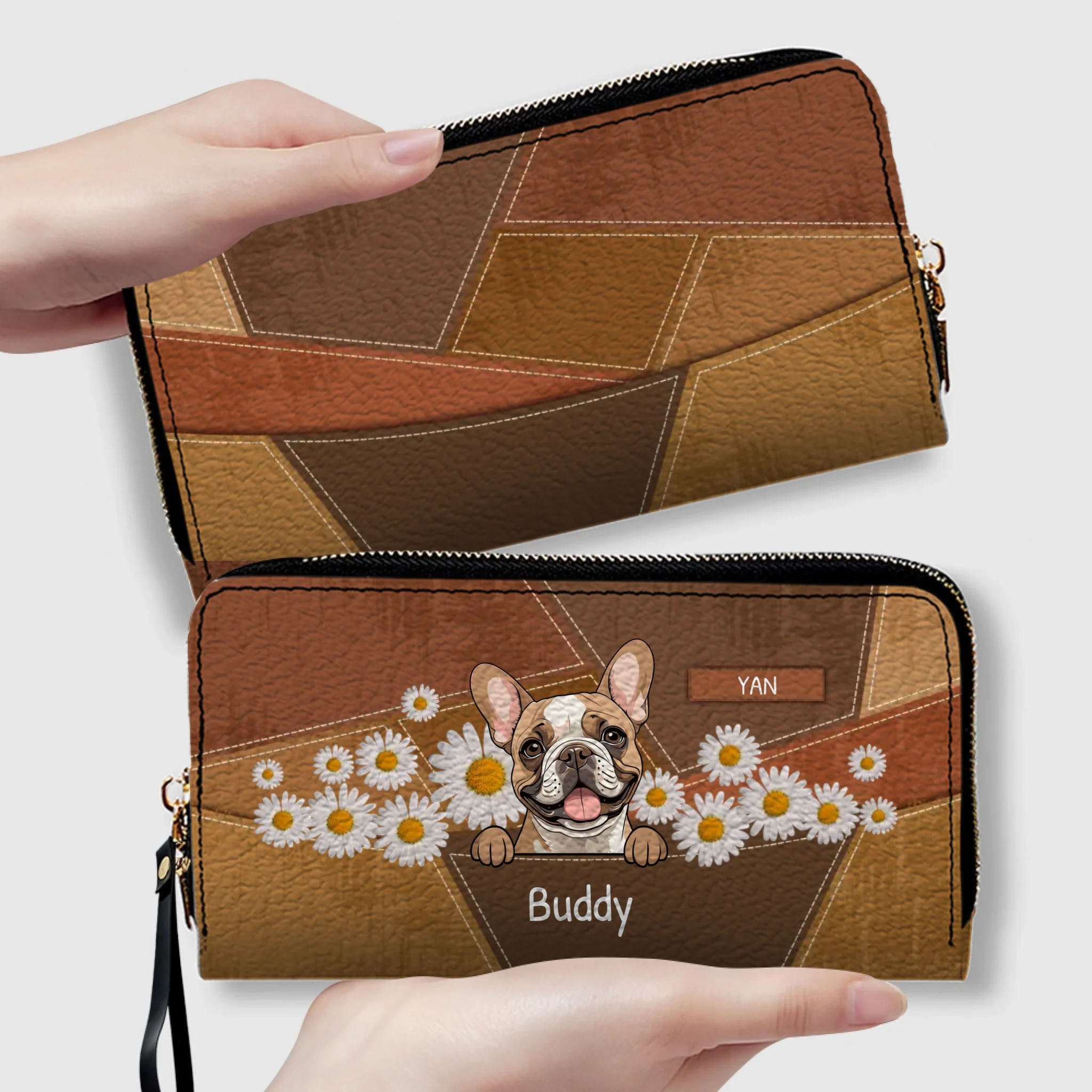 Personalized Geometric Leather Wallet with Dog Art and Daisy Accents - 89Prints