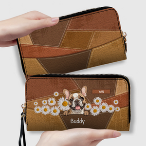 Personalized Geometric Leather Wallet with Dog Art and Daisy Accents - 89Prints