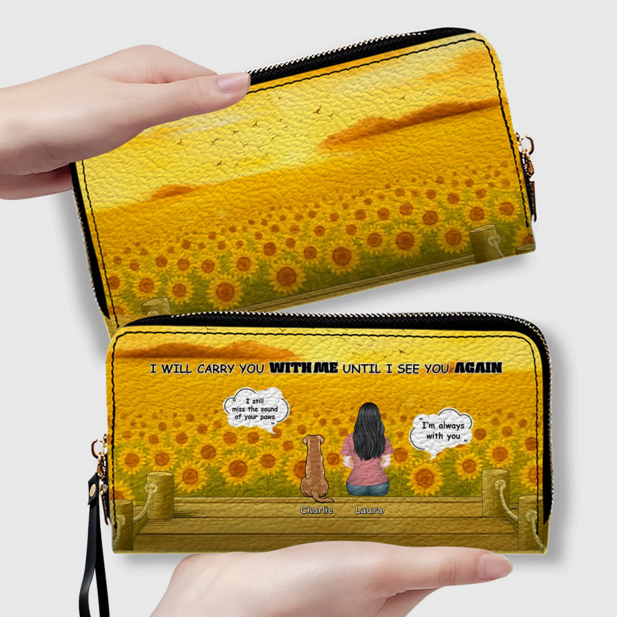 Dog Memorial Wallet – Custom Zipper Long Wallet for Humans and Dogs, Sunflower Background Memorial Wallet - 89Prints