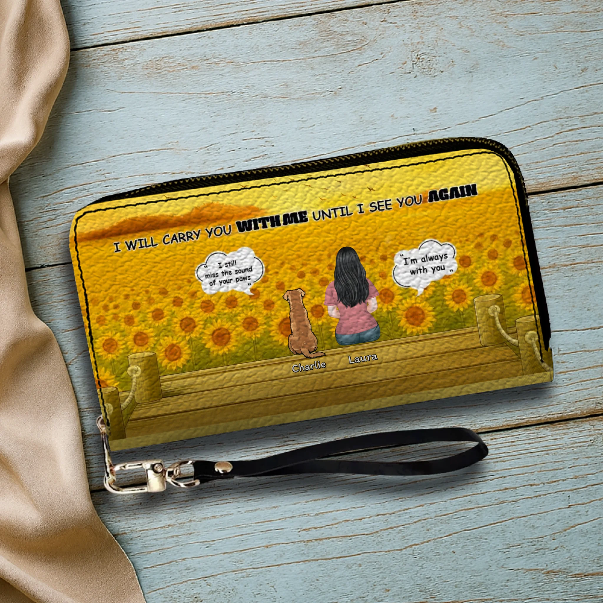 Dog Memorial Wallet – Custom Zipper Long Wallet for Humans and Dogs, Sunflower Background Memorial Wallet - 89Prints
