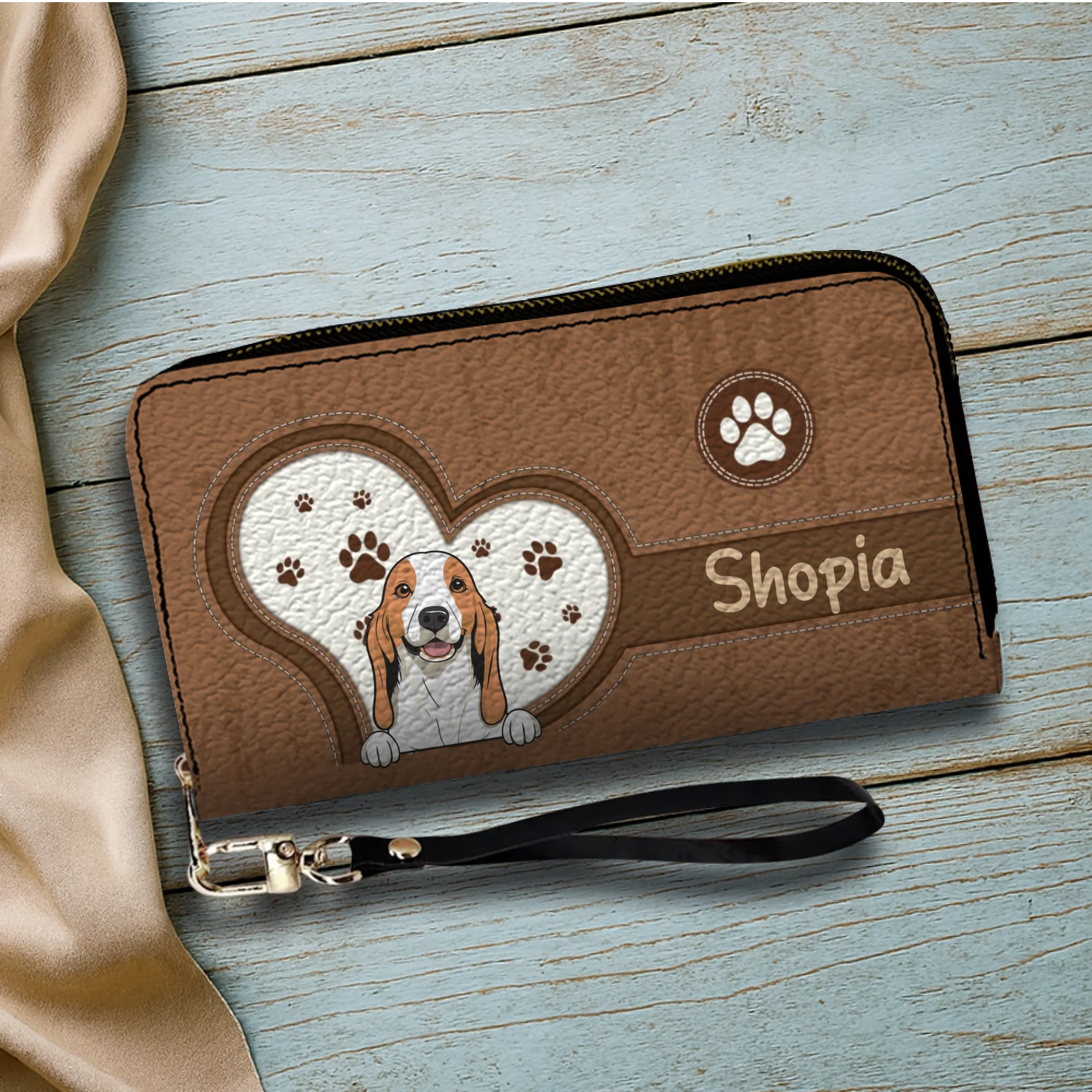 Personalized Dog Wallet for Pet Lovers – Cartoon Dog & Heart Paw, Zip Closure - 89Prints