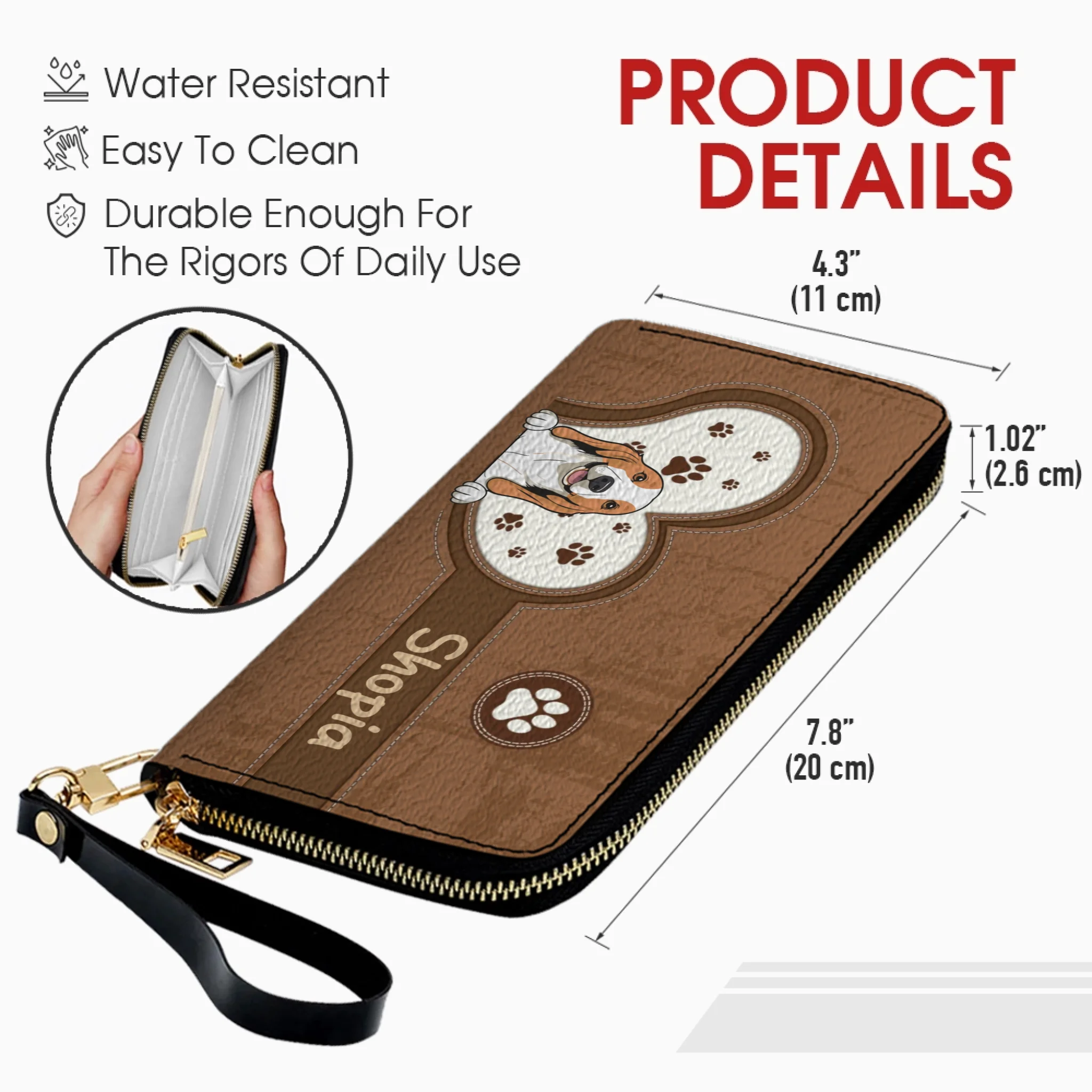 Personalized Dog Wallet for Pet Lovers – Cartoon Dog & Heart Paw, Zip Closure - 89Prints