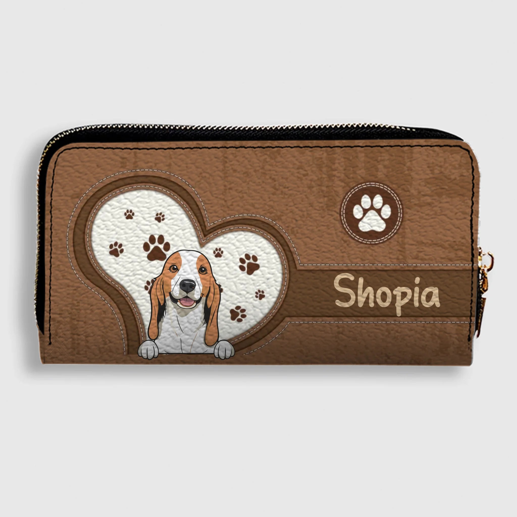 Personalized Dog Wallet for Pet Lovers – Cartoon Dog & Heart Paw, Zip Closure - 89Prints