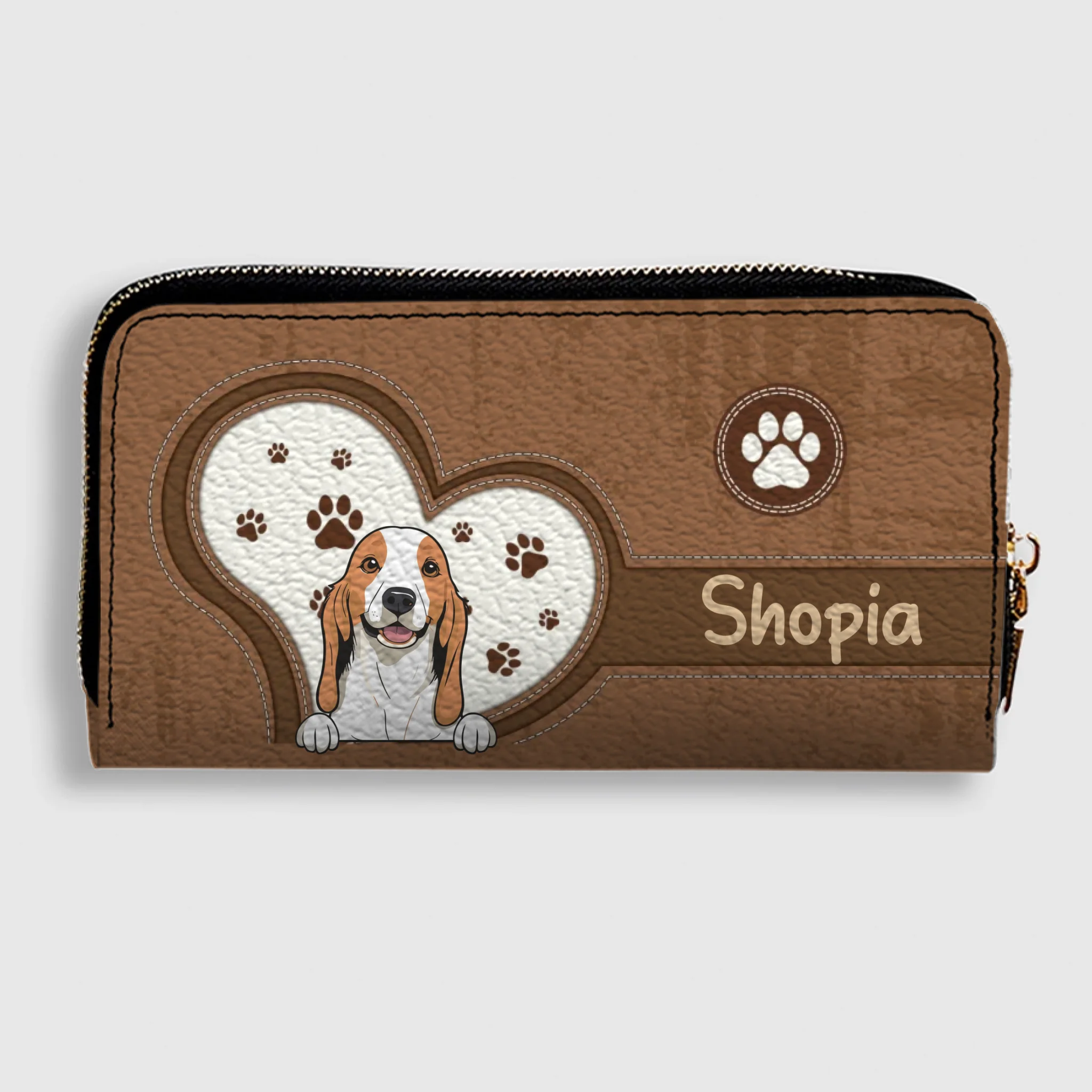 Personalized Dog Wallet for Pet Lovers – Cartoon Dog & Heart Paw, Zip Closure - 89Prints