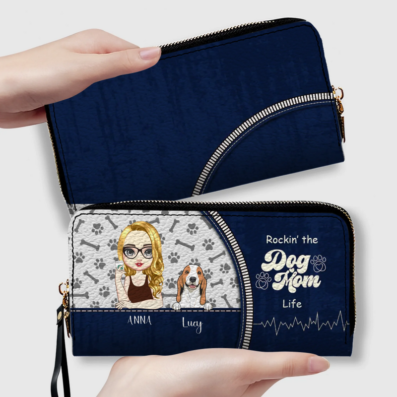 Personalized Dog Mom Wallet – Custom Girl & Dog Illustration Zip Wallet - 89Prints