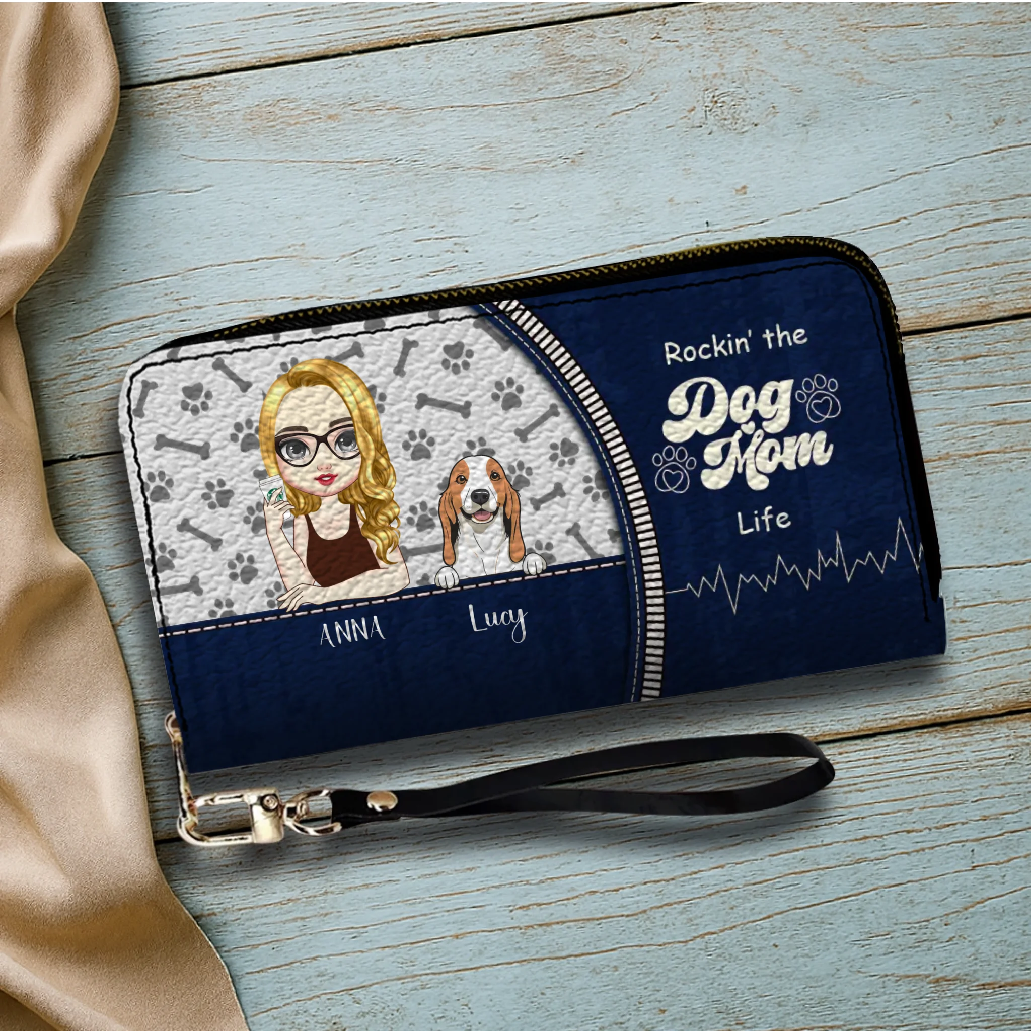 Personalized Dog Mom Wallet – Custom Girl & Dog Illustration Zip Wallet - 89Prints