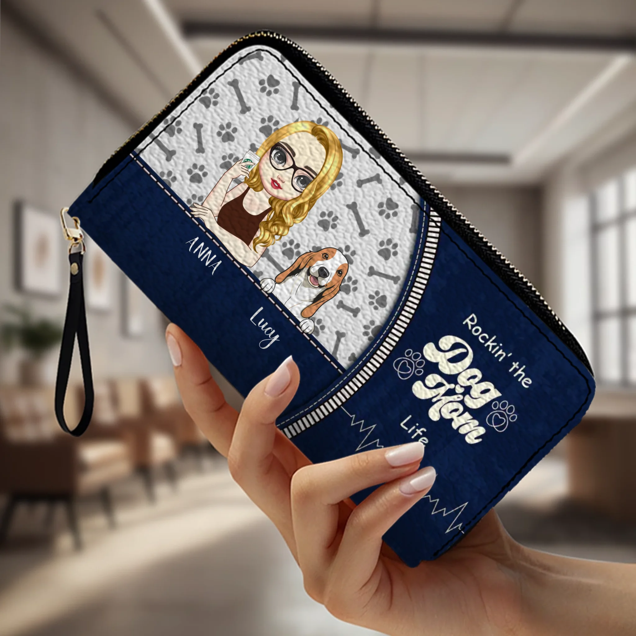 Personalized Dog Mom Wallet – Custom Girl & Dog Illustration Zip Wallet - 89Prints