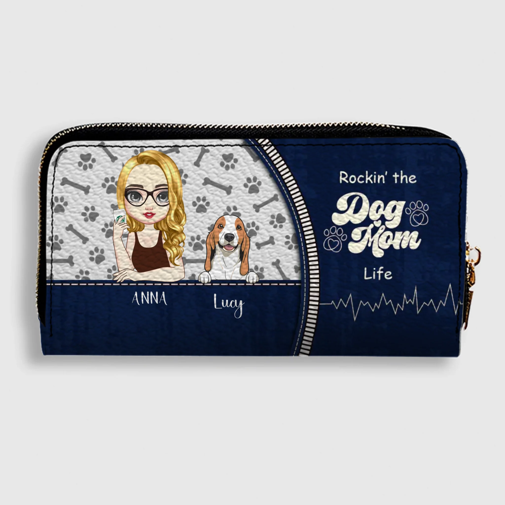 Personalized Dog Mom Wallet – Custom Girl & Dog Illustration Zip Wallet - 89Prints