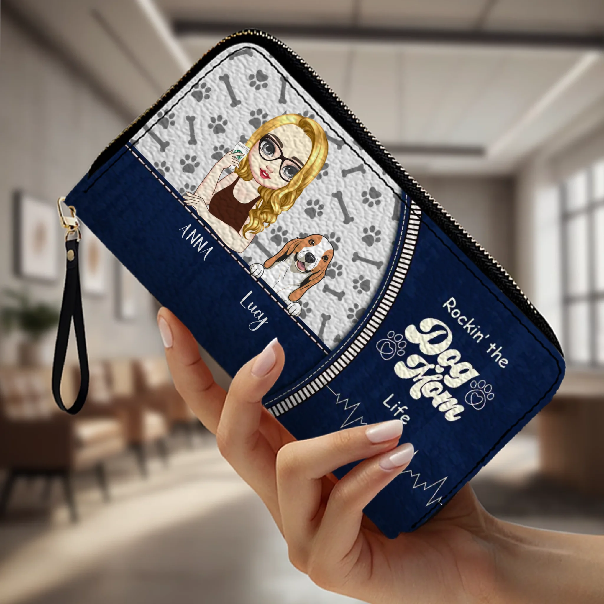 Personalized Dog Mom Wallet – Custom Girl & Dog Illustration Zip Wallet - 89Prints