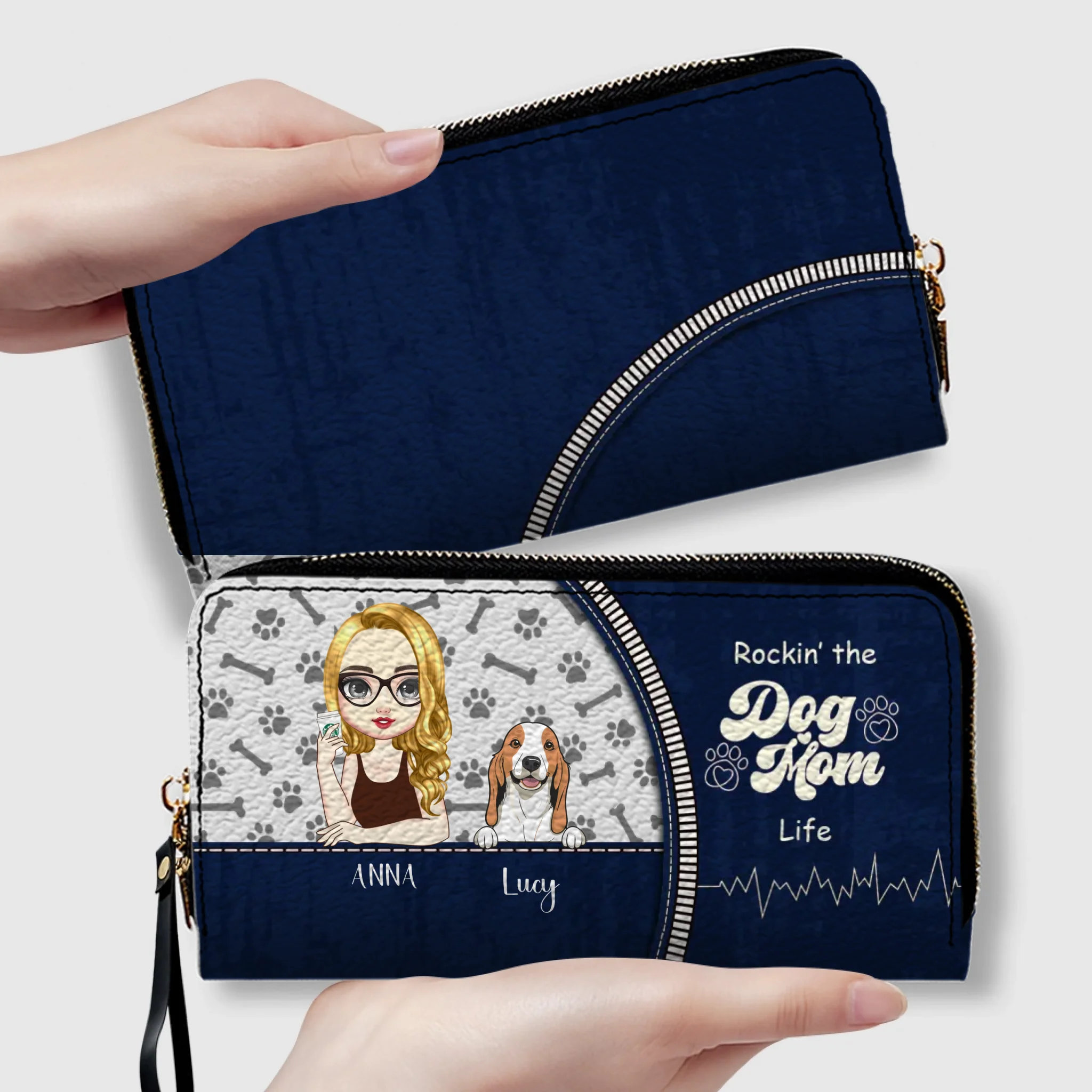 Personalized Dog Mom Wallet – Custom Girl & Dog Illustration Zip Wallet - 89Prints