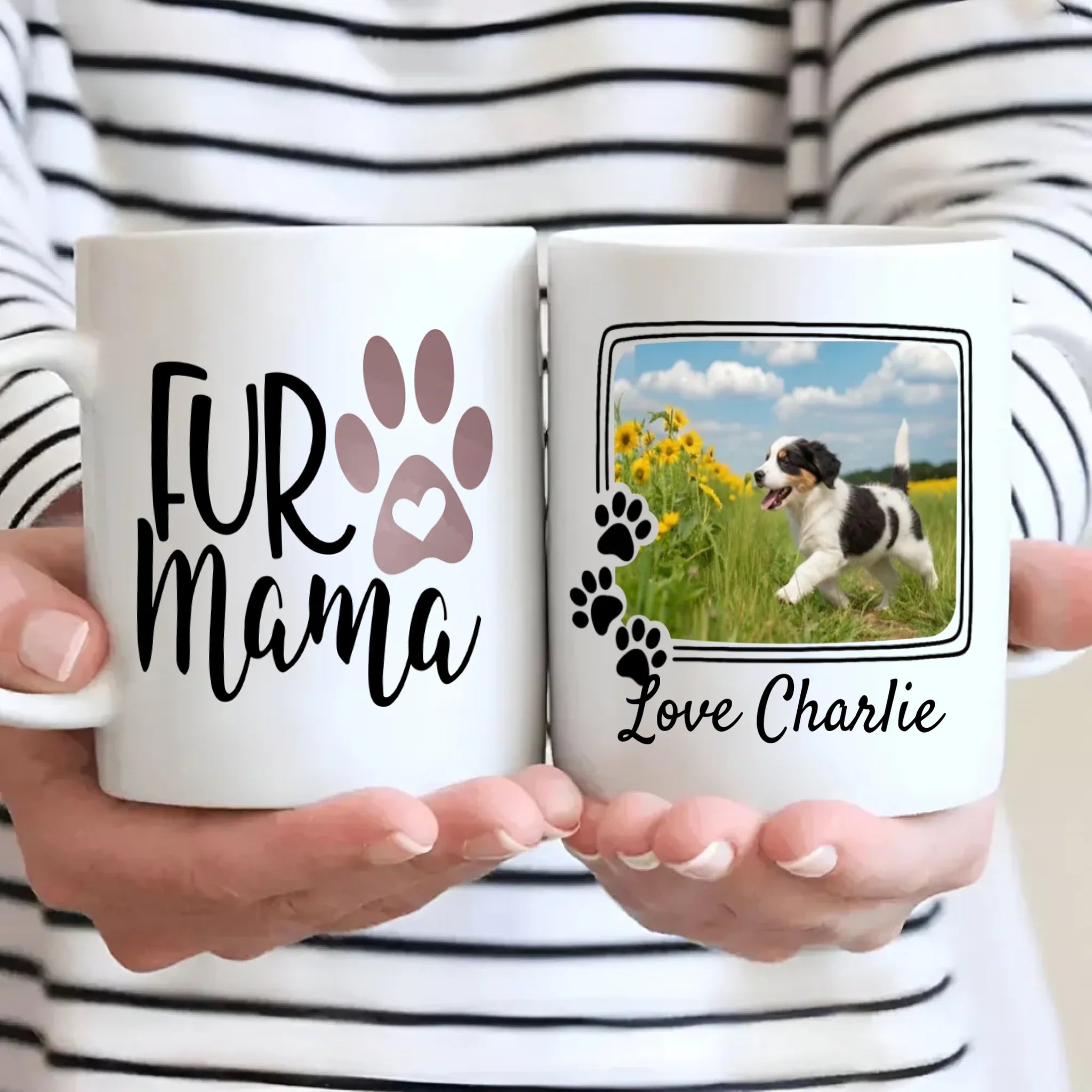 Personalized Black and White Dog Mug – Custom Pet Photo Gift with Flowers & Name – 89Prints