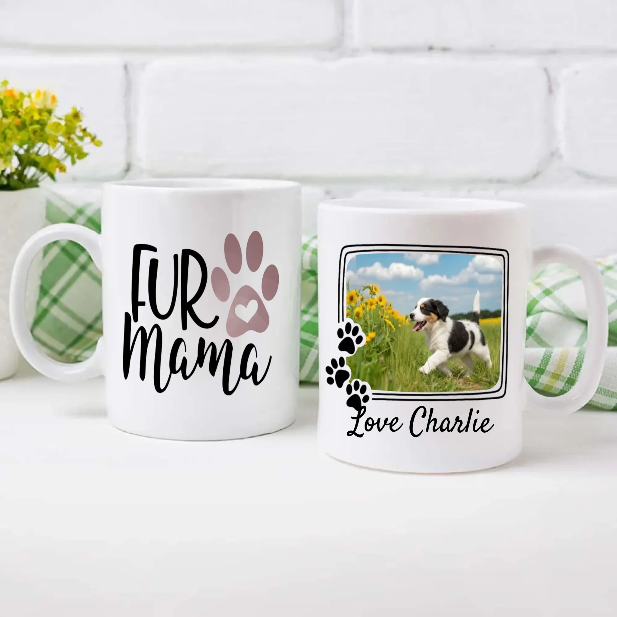 Personalized Black and White Dog Mug – Custom Pet Photo Gift with Flowers & Name – 89Prints