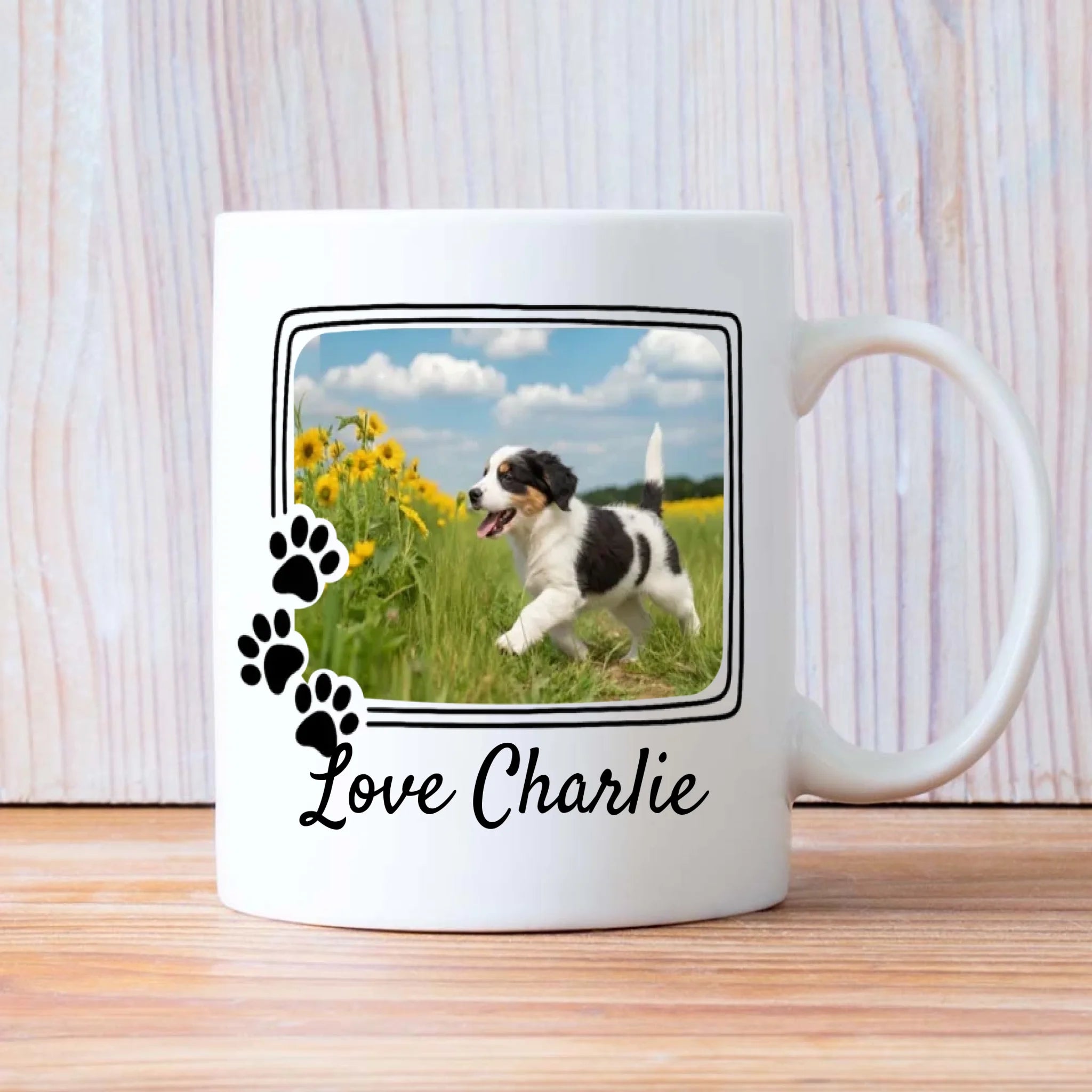 Personalized Black and White Dog Mug – Custom Pet Photo Gift with Flowers & Name – 89Prints