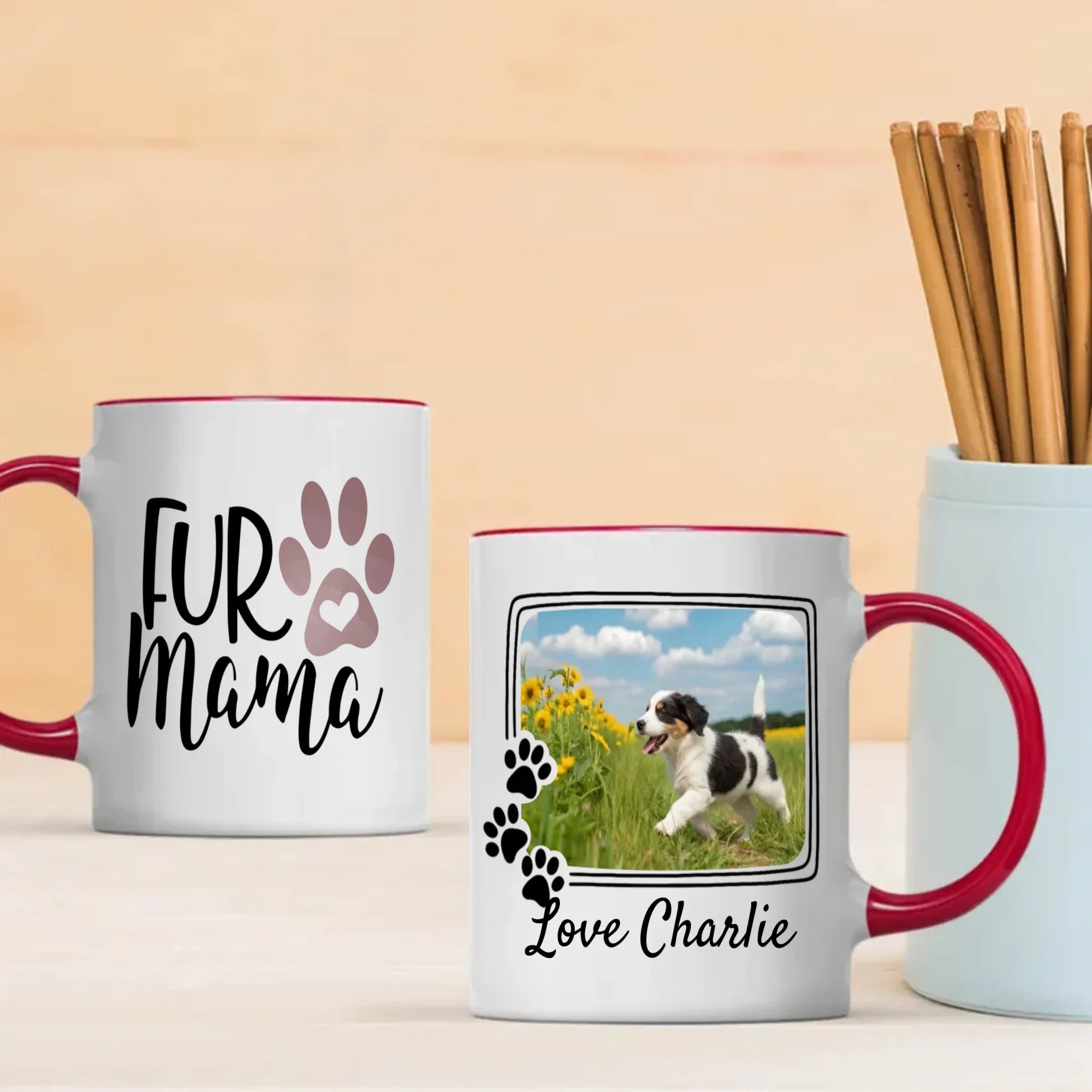 Personalized Black and White Dog Mug – Custom Pet Photo Gift with Flowers & Name – 89Prints