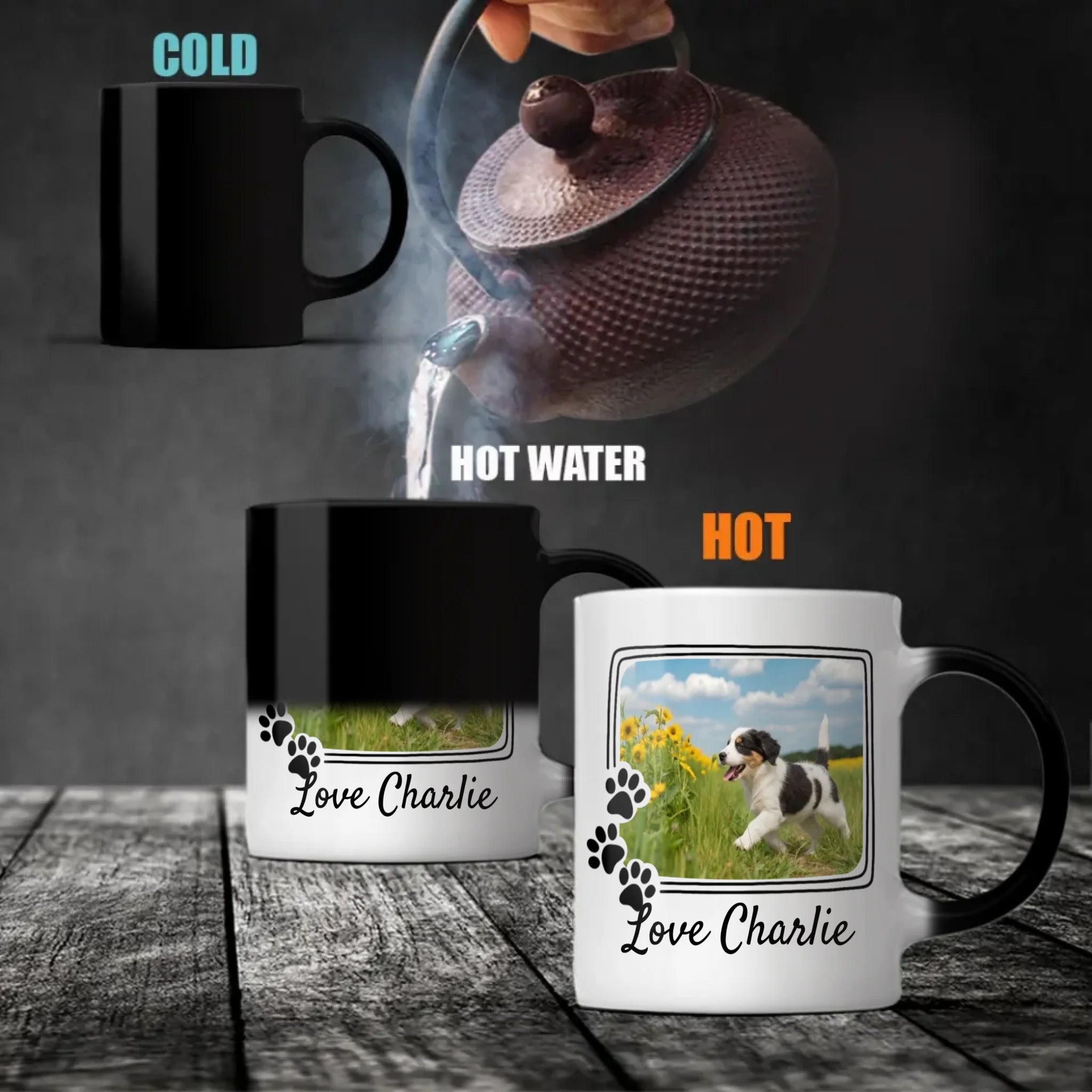Personalized Black and White Dog Mug – Custom Pet Photo Gift with Flowers & Name – 89Prints