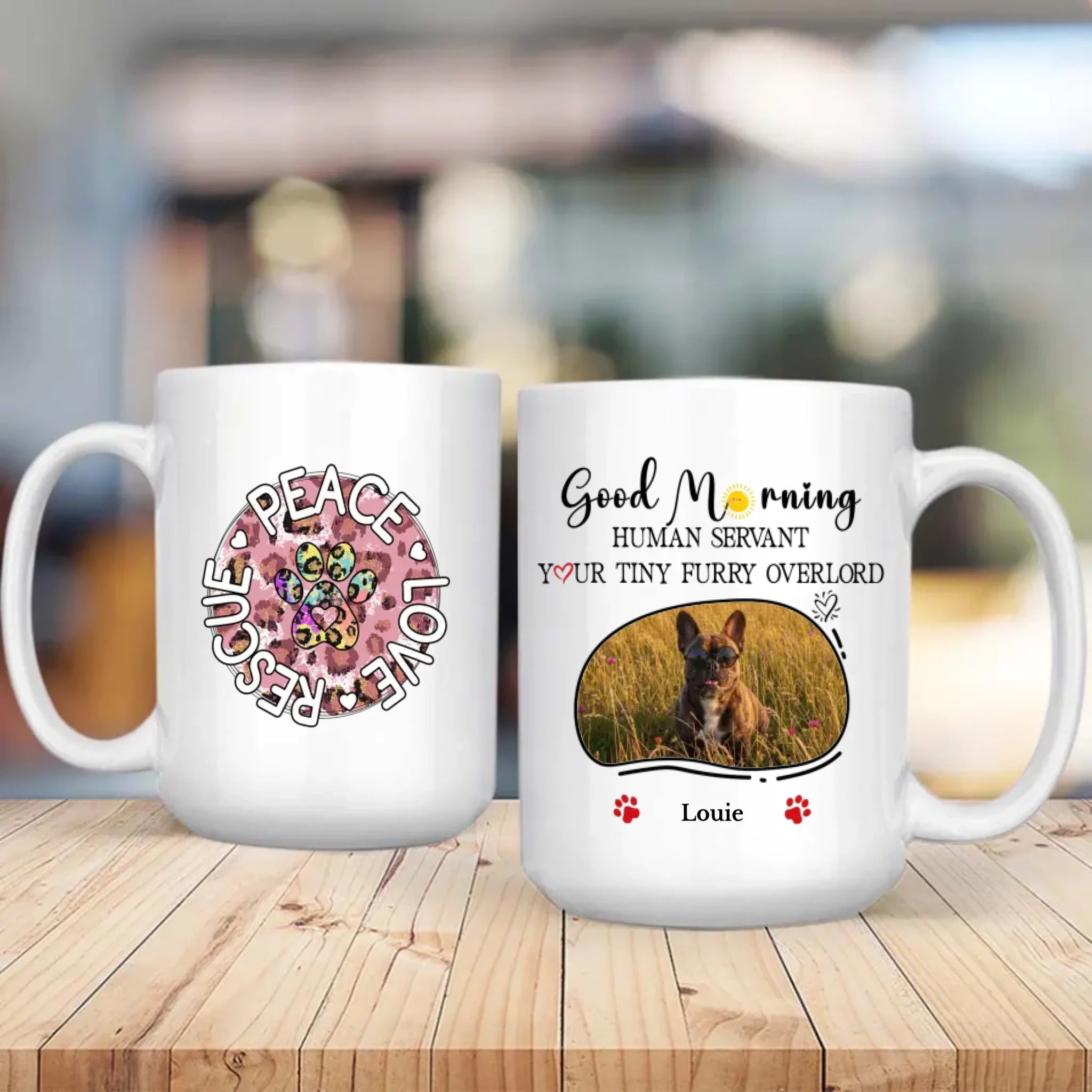 Personalized French Bulldog Mug With Custom Upload Photo And Name - Peace Love Rescue - 89Prints
