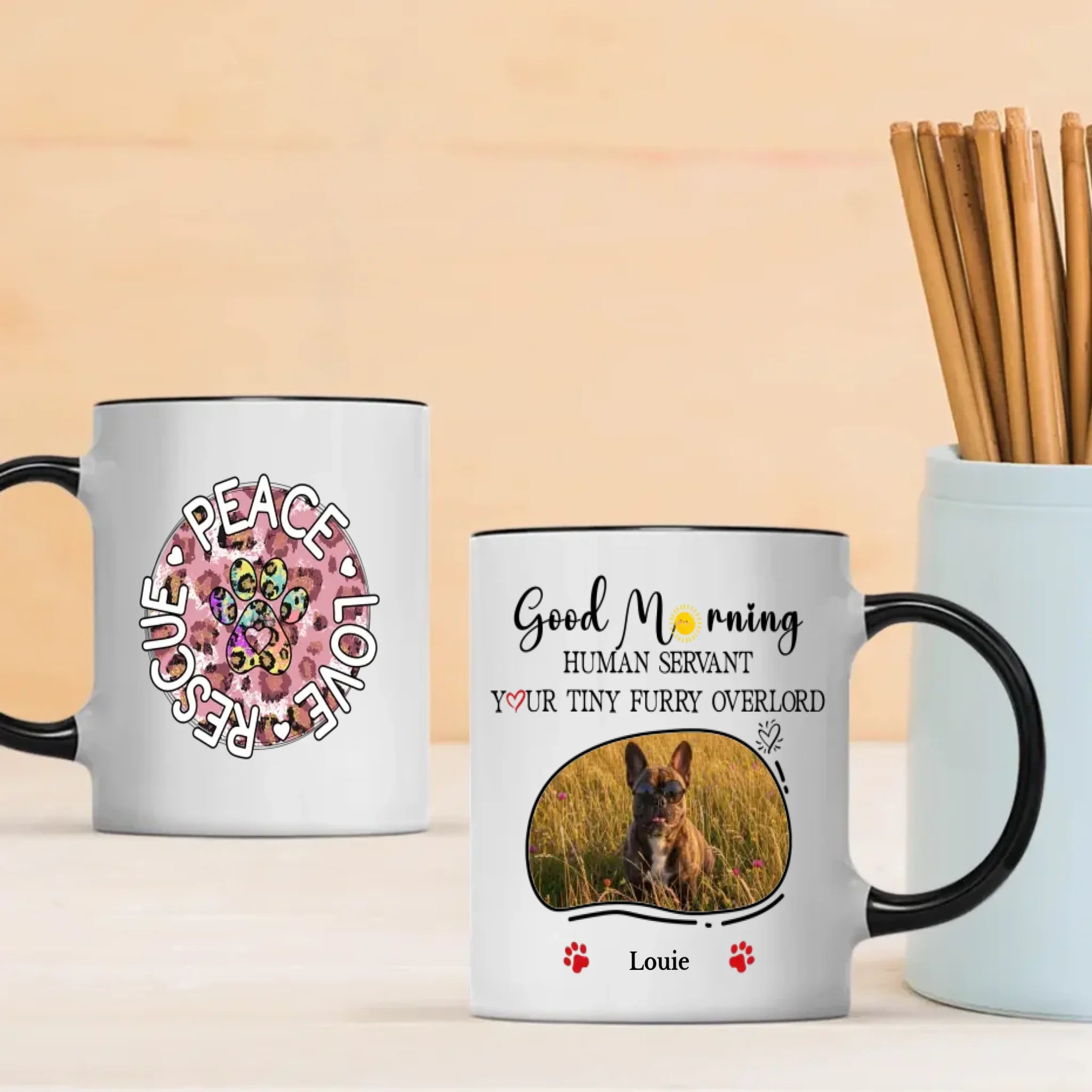 Personalized French Bulldog Mug With Custom Upload Photo And Name - Peace Love Rescue - 89Prints