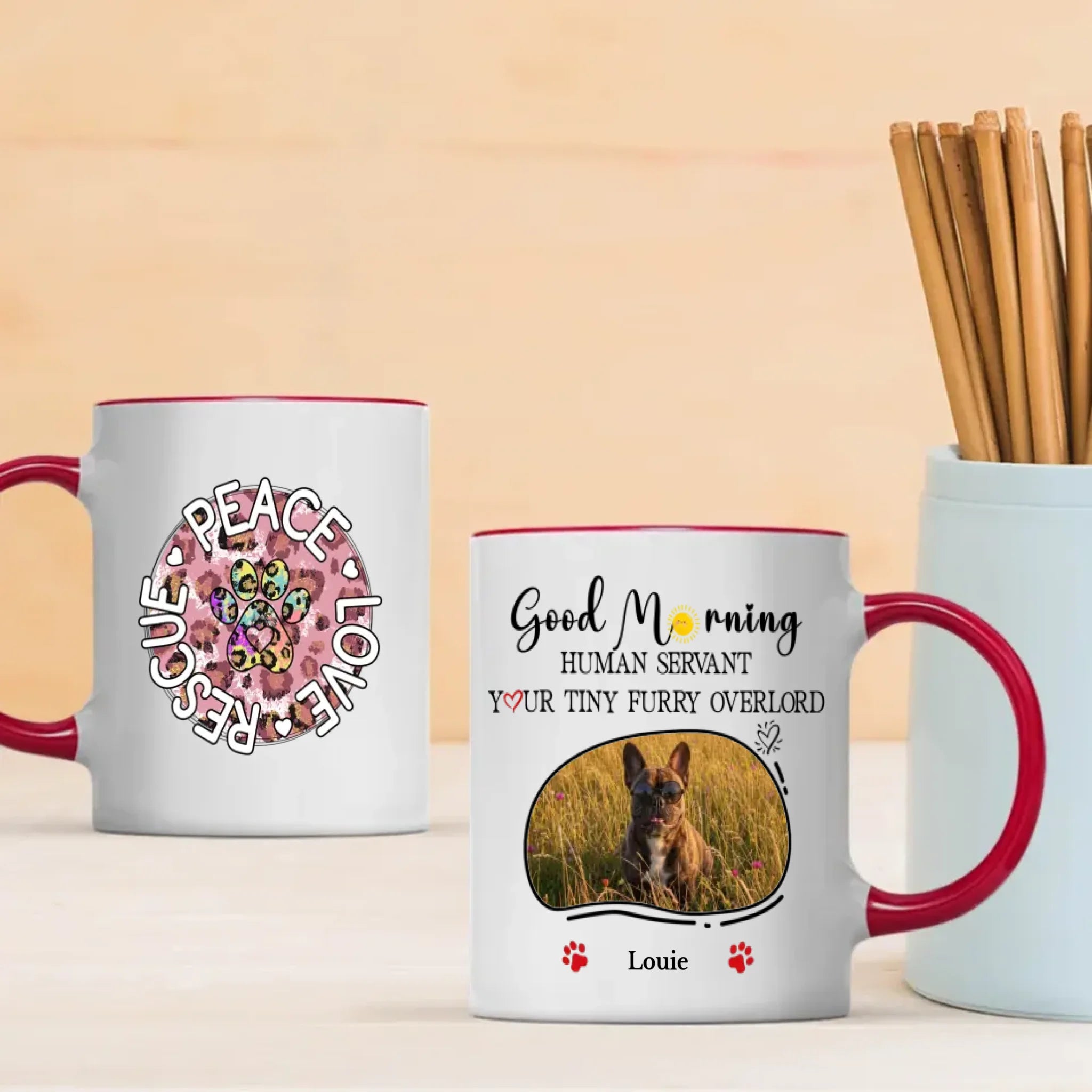 Personalized French Bulldog Mug With Custom Upload Photo And Name - Peace Love Rescue - 89Prints