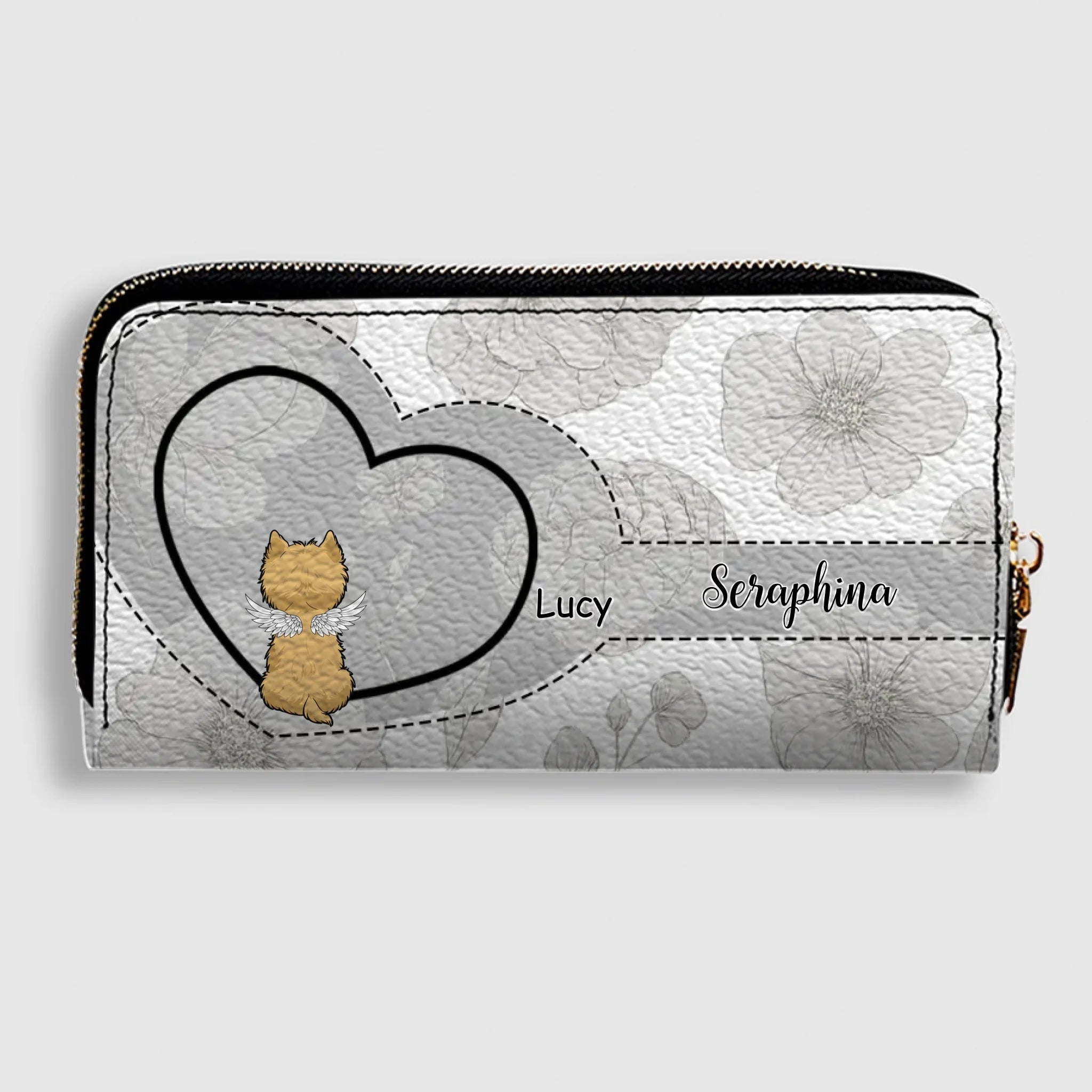 Personalized Dog Wallet with Names & Breeds – Custom Grey Floral Leather Gift - 89Prints
