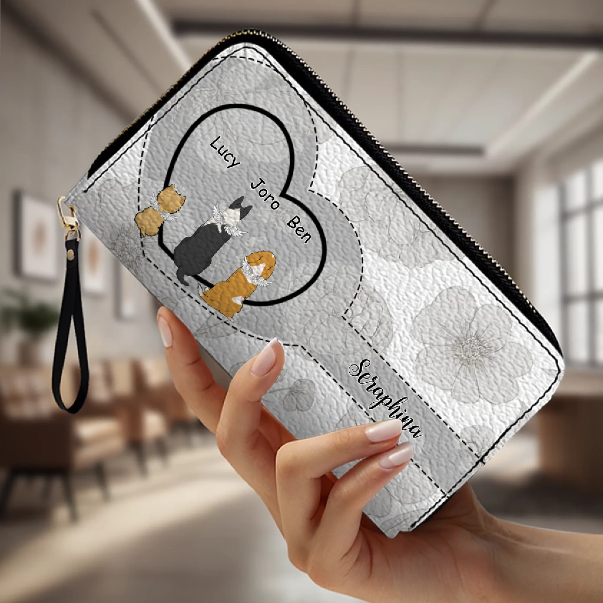 Personalized Dog Wallet with Names & Breeds – Custom Grey Floral Leather Gift - 89Prints