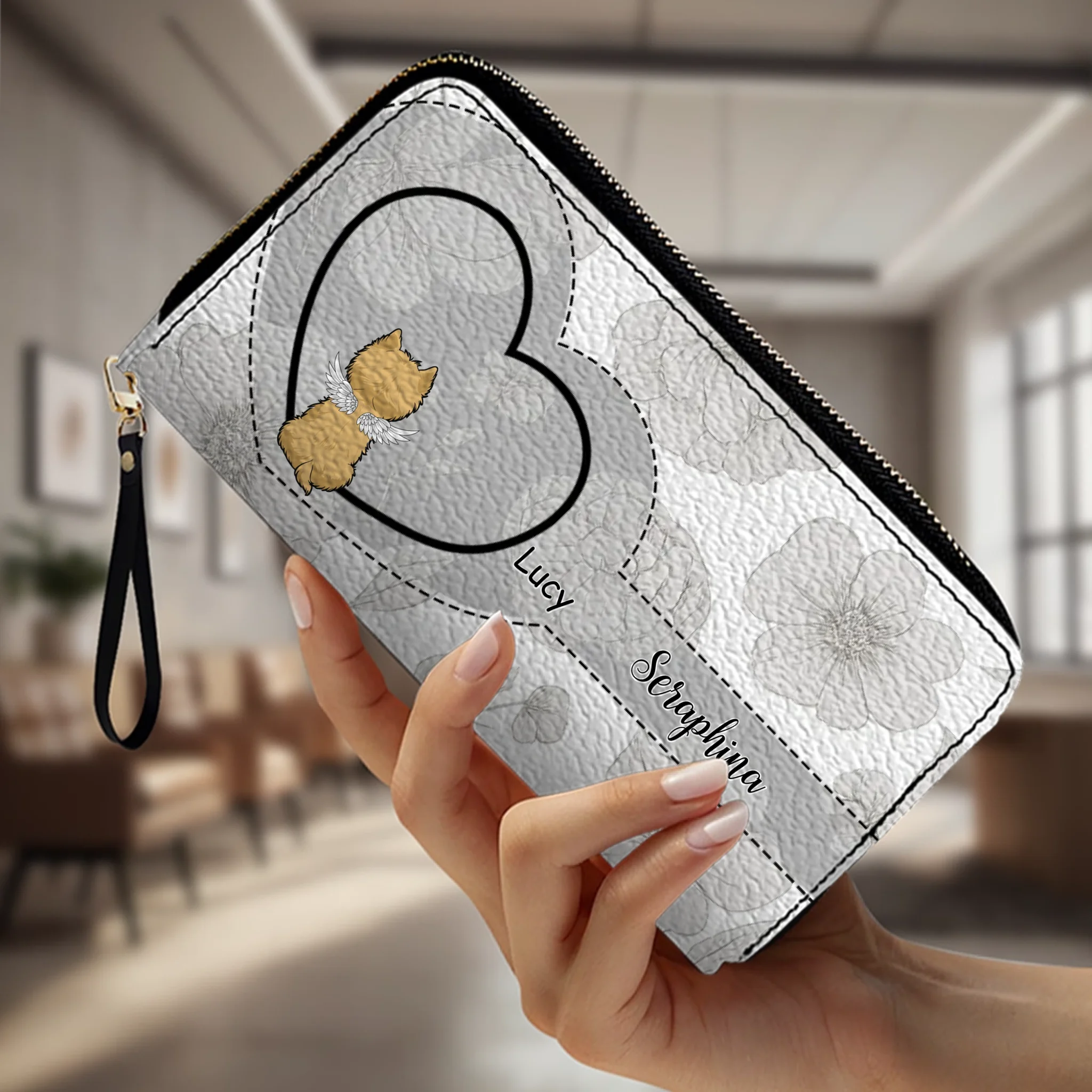 Personalized Dog Wallet with Names & Breeds – Custom Grey Floral Leather Gift - 89Prints