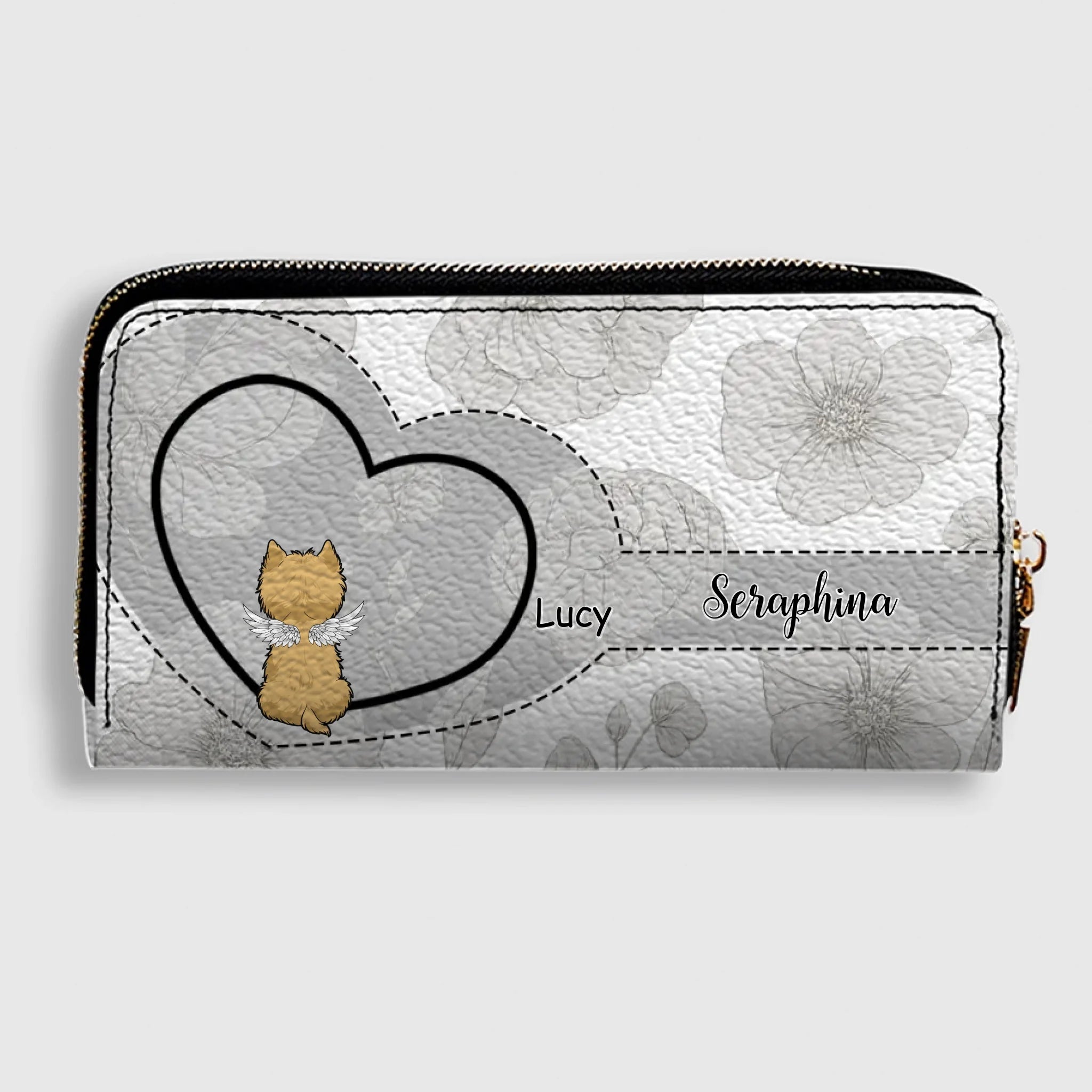 Personalized Dog Wallet with Names & Breeds – Custom Grey Floral Leather Gift - 89Prints