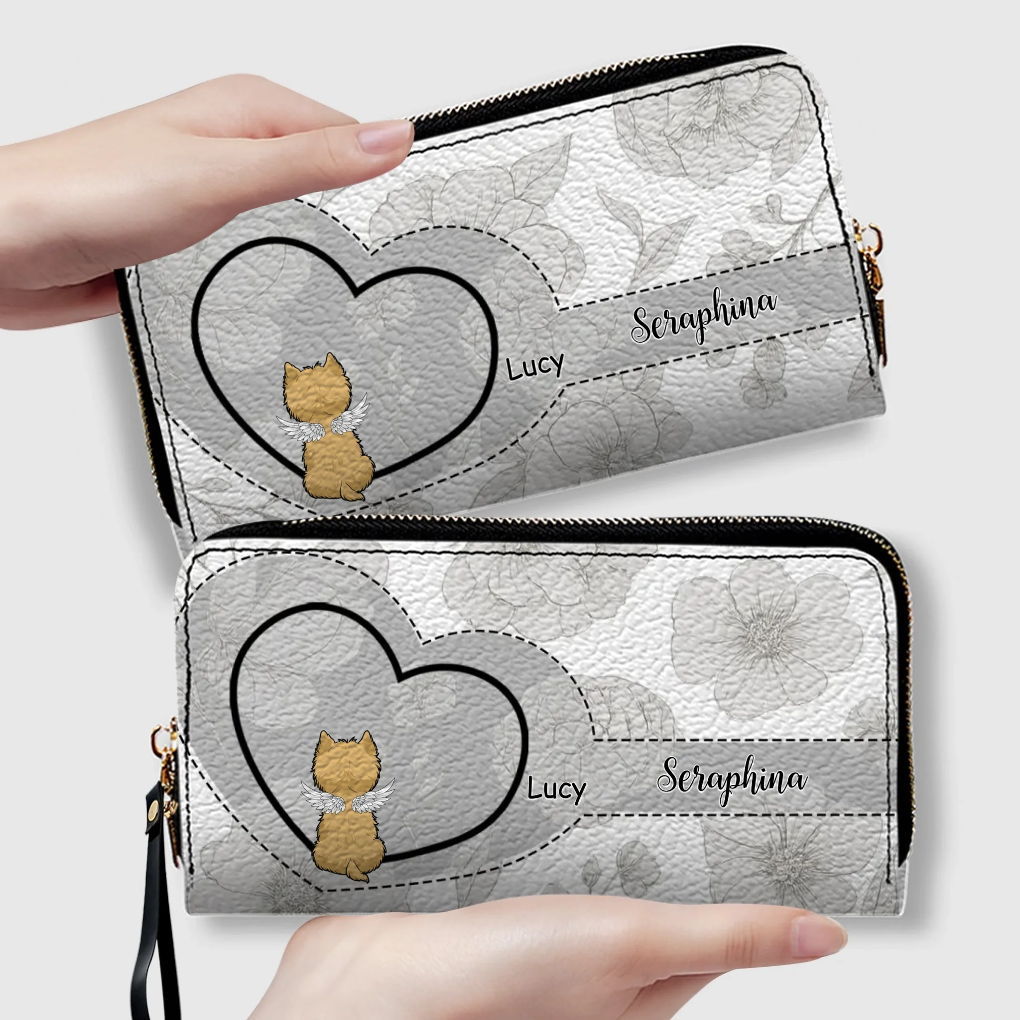 Personalized Dog Wallet with Names & Breeds – Custom Grey Floral Leather Gift - 89Prints