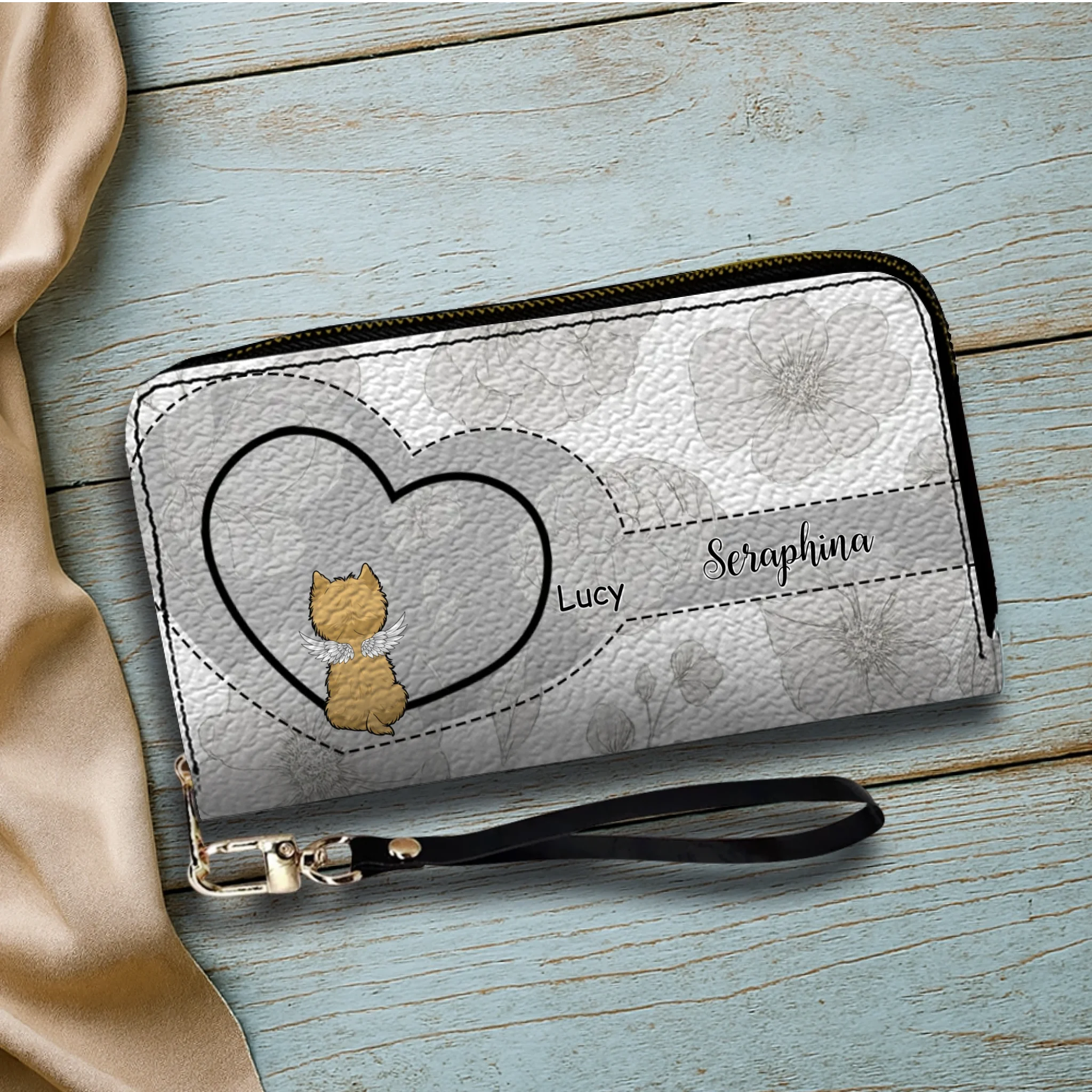 Personalized Dog Wallet with Names & Breeds – Custom Grey Floral Leather Gift - 89Prints