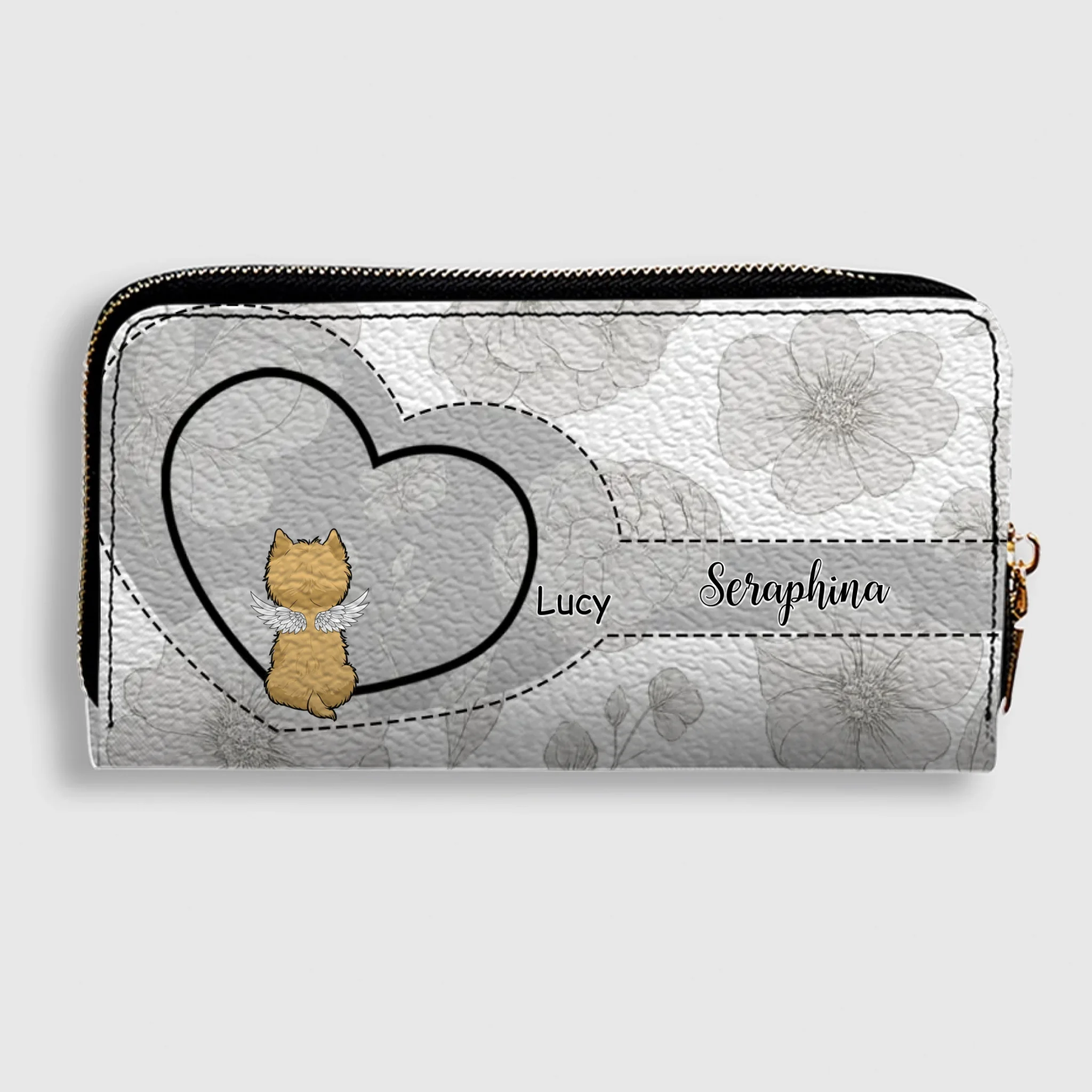Personalized Dog Wallet with Names & Breeds – Custom Grey Floral Leather Gift - 89Prints