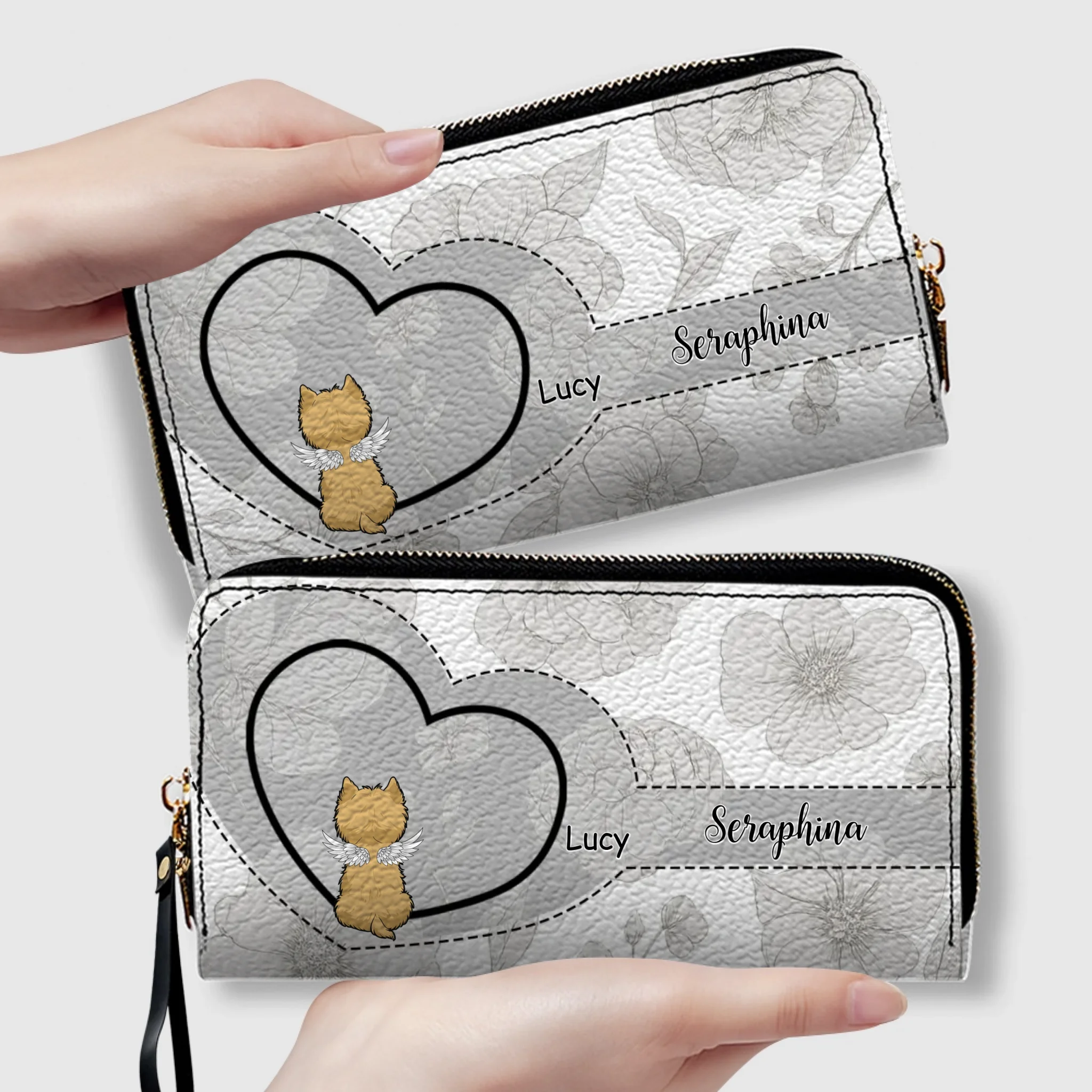 Personalized Dog Wallet with Names & Breeds – Custom Grey Floral Leather Gift - 89Prints