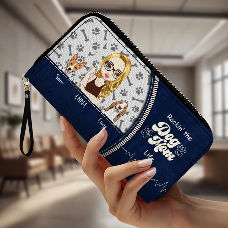 Personalized Dog Mom Wallet – Custom Girl & Dog Illustration Zip Wallet - 89Prints