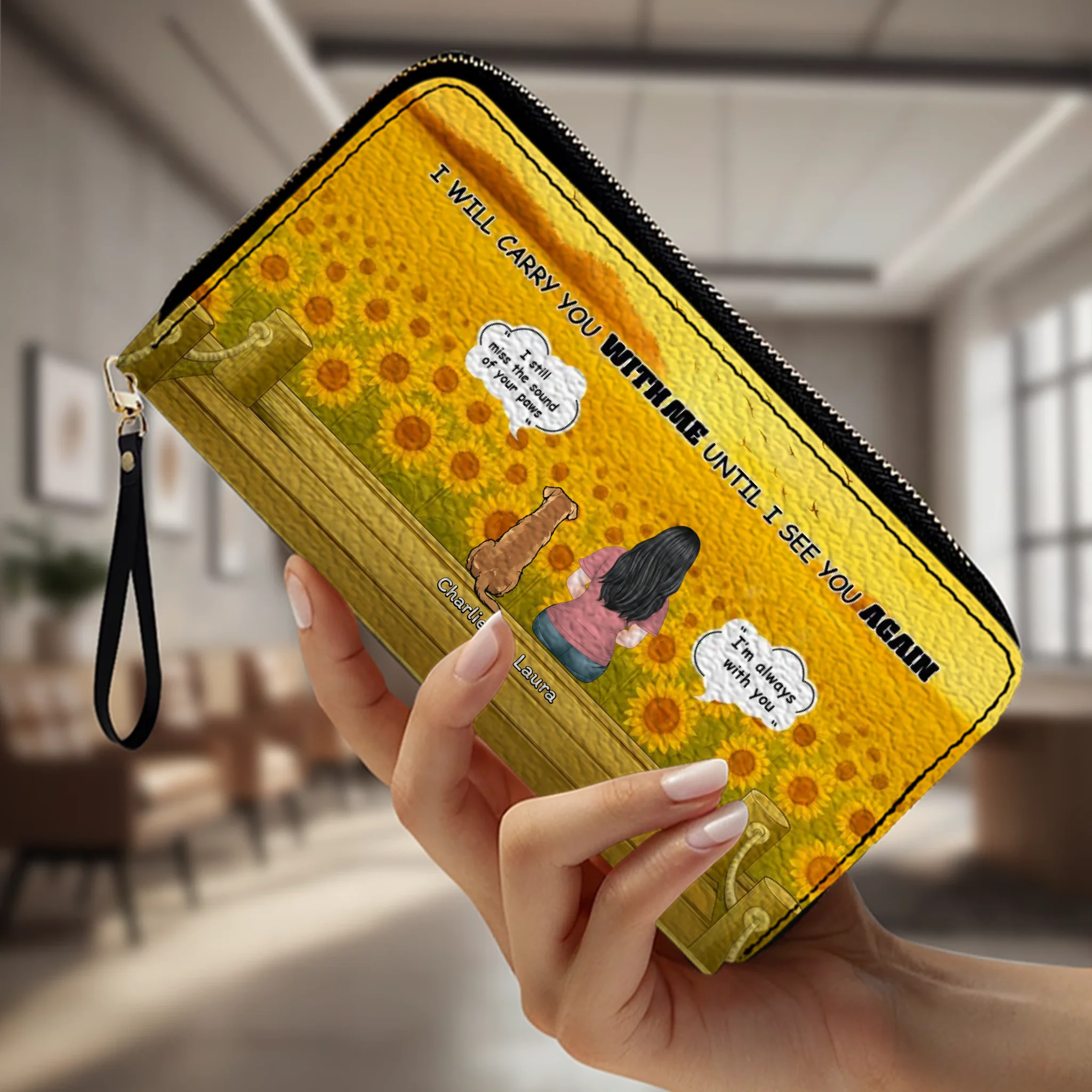 Dog Memorial Wallet – Custom Zipper Long Wallet for Humans and Dogs, Sunflower Background Memorial Wallet - 89Prints