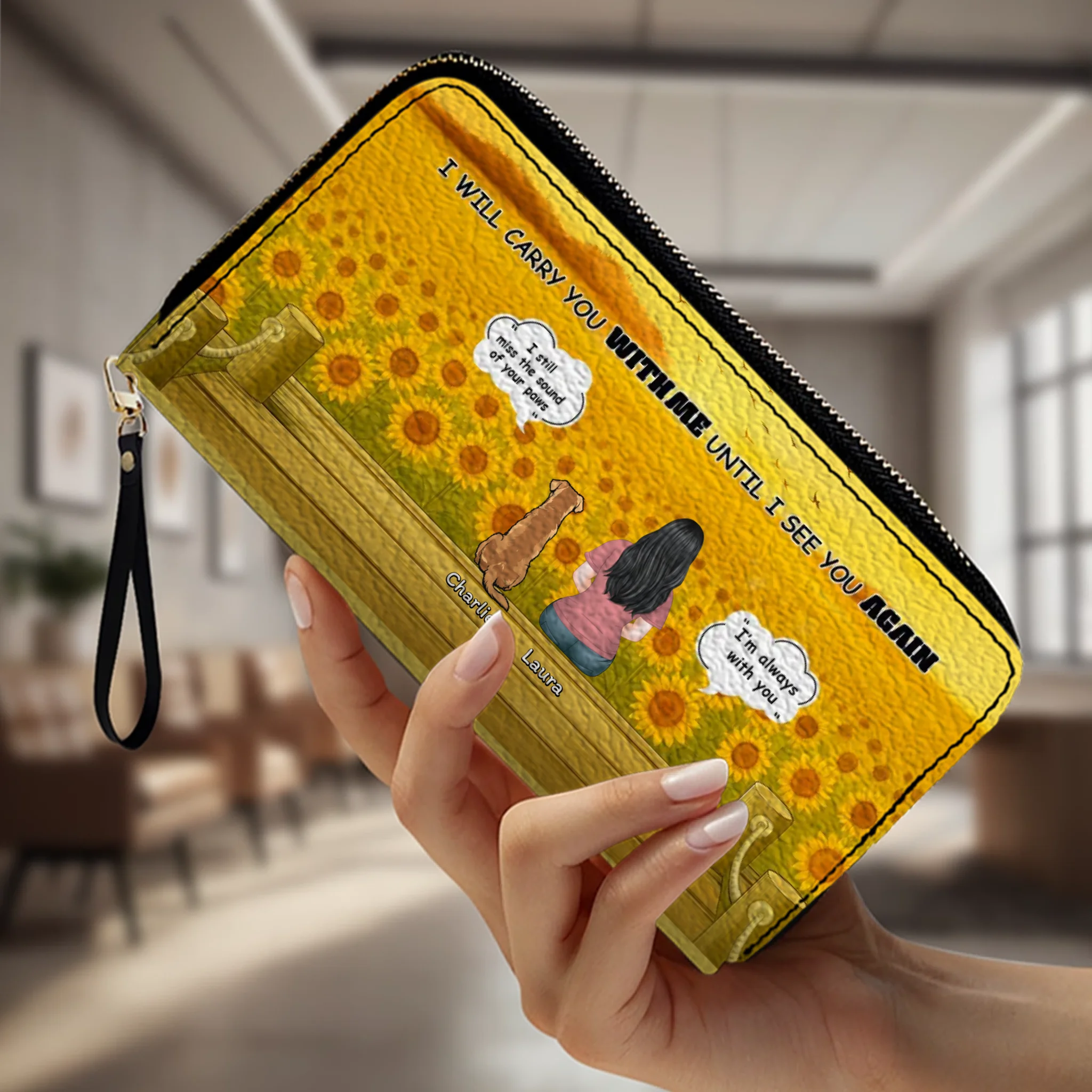 Dog Memorial Wallet – Custom Zipper Long Wallet for Humans and Dogs, Sunflower Background Memorial Wallet - 89Prints