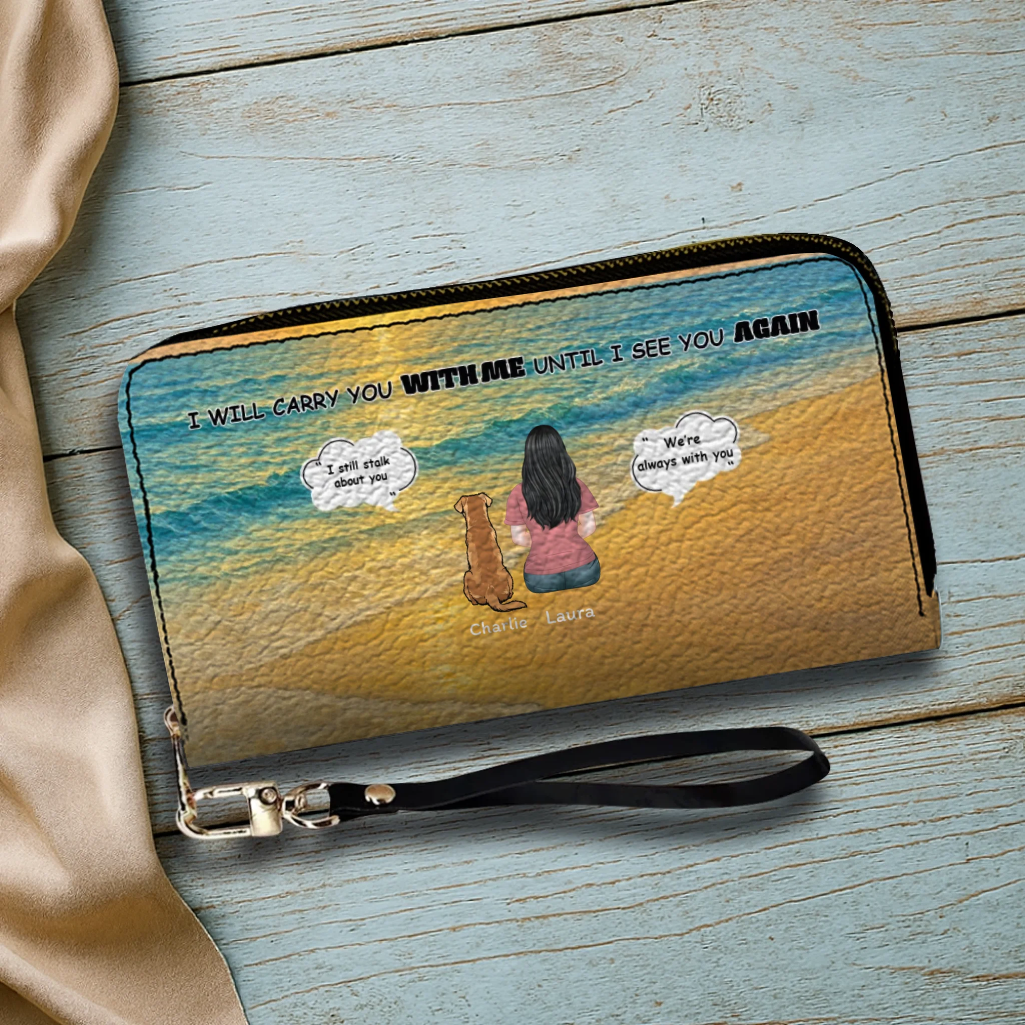 I Will Carry You With Me – Custom Memorial Dog Wallet, Personalized Person & Dog Beach Scene Purse - 89Prints