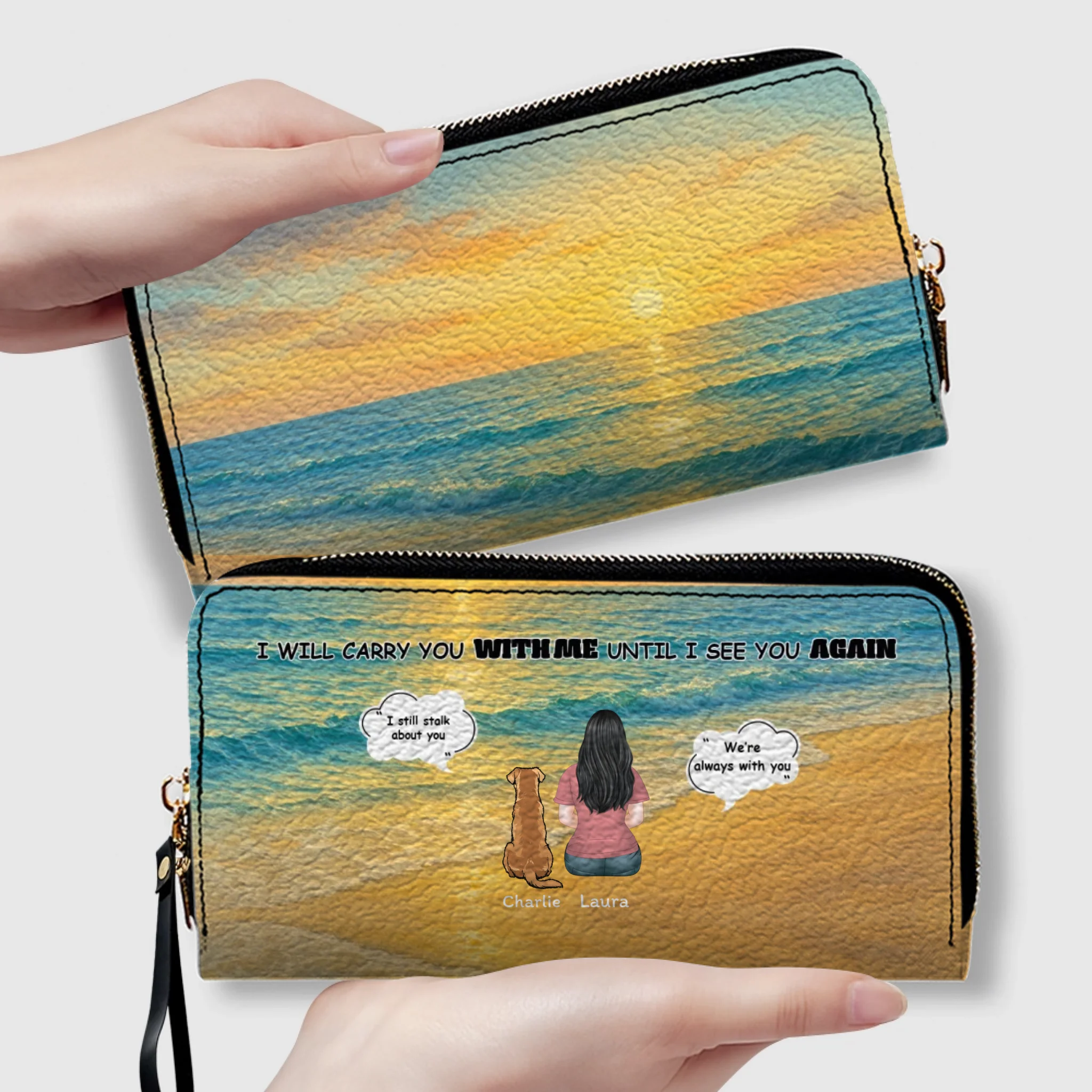 I Will Carry You With Me – Custom Memorial Dog Wallet, Personalized Person & Dog Beach Scene Purse - 89Prints