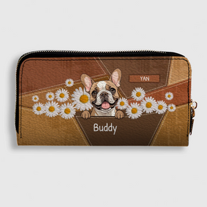 Personalized Geometric Leather Wallet with Dog Art and Daisy Accents - 89Prints