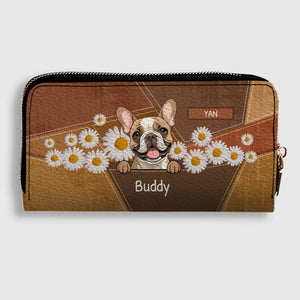 Personalized Geometric Leather Wallet with Dog Art and Daisy Accents - 89Prints
