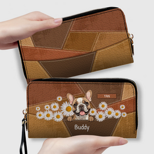 Personalized Geometric Leather Wallet with Dog Art and Daisy Accents - 89Prints