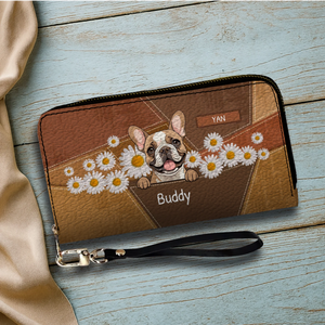 Personalized Geometric Leather Wallet with Dog Art and Daisy Accents - 89Prints