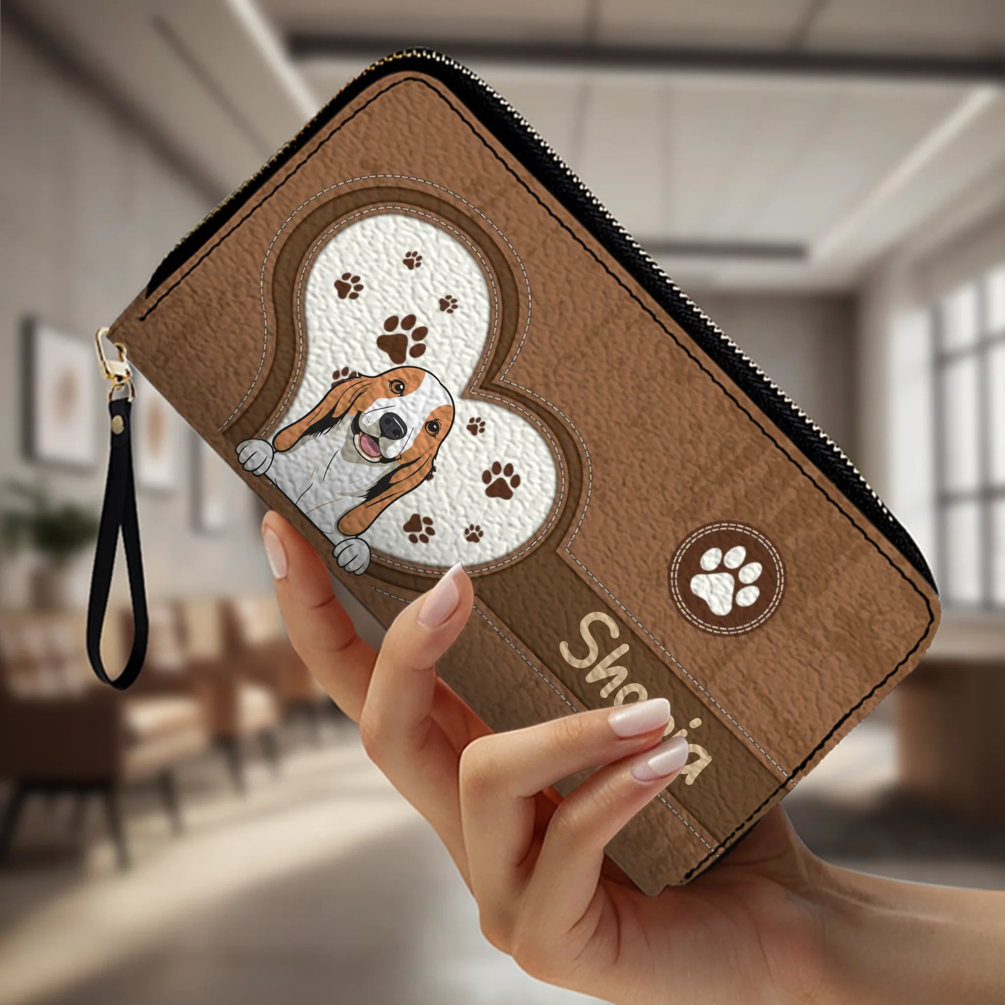 Personalized Dog Wallet for Pet Lovers – Cartoon Dog & Heart Paw, Zip Closure - 89Prints