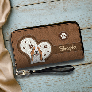 Personalized Dog Wallet for Pet Lovers – Cartoon Dog & Heart Paw, Zip Closure - 89Prints