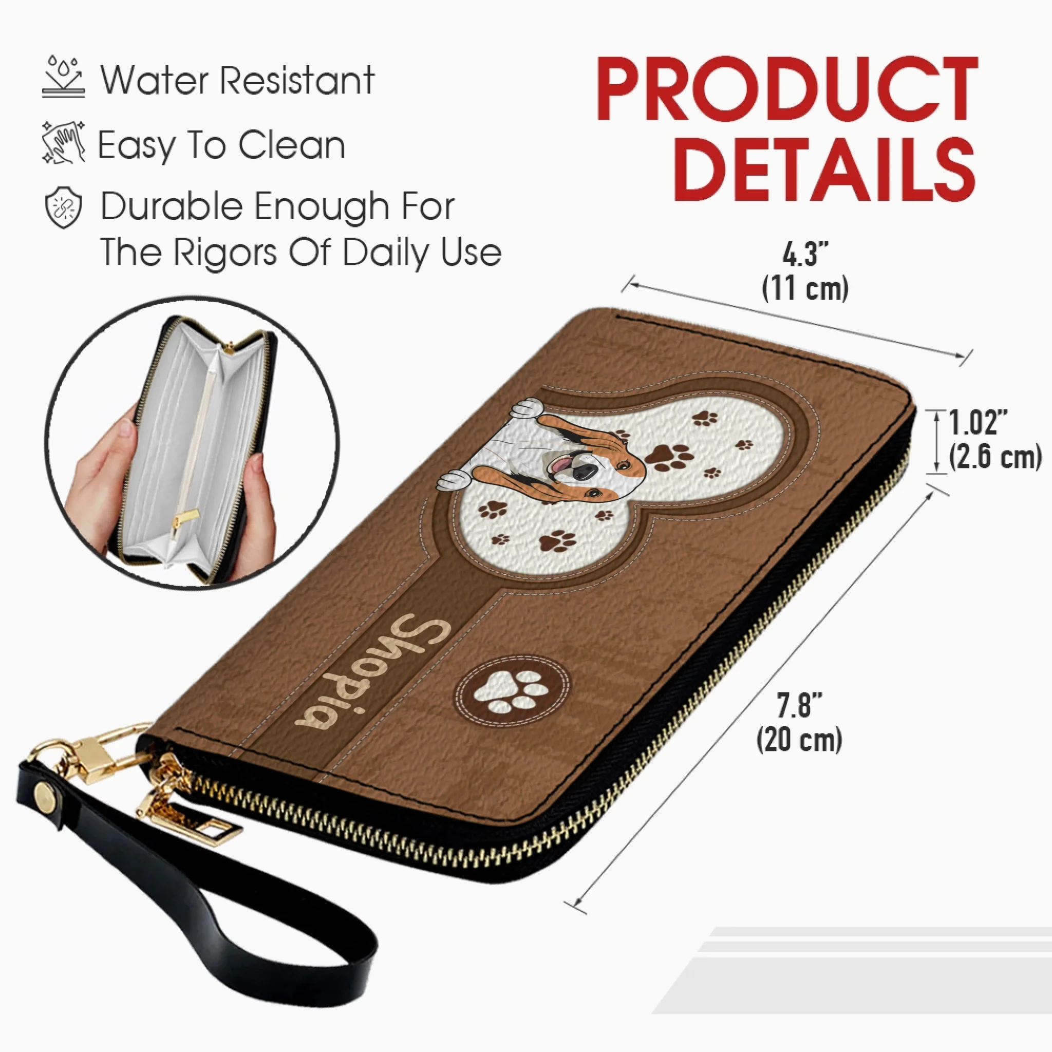 Personalized Dog Wallet for Pet Lovers – Cartoon Dog & Heart Paw, Zip Closure - 89Prints