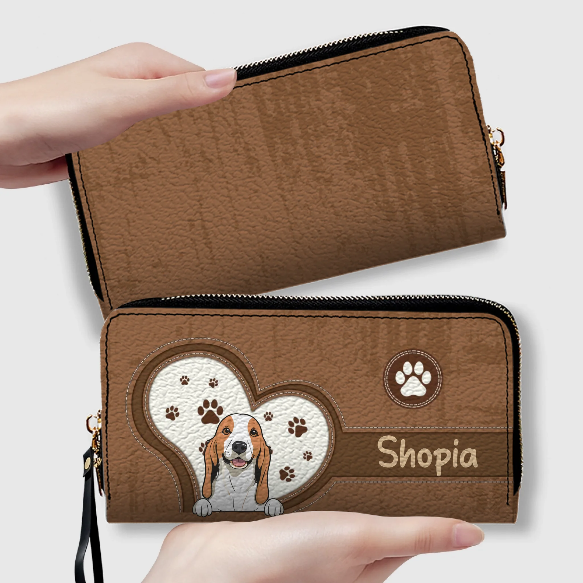 Personalized Dog Wallet for Pet Lovers – Cartoon Dog & Heart Paw, Zip Closure - 89Prints